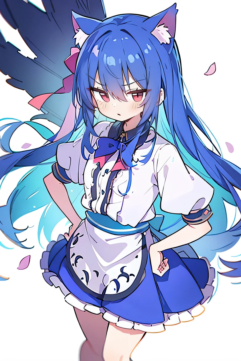 (masterpiece),best quality, expressive eyes, perfect face, 1girl,
 Put your hands on your waist,fair, Gorgeous,Japanese cartoons,girl,lola,Hina Angel, blue hair, blue haired, floating clothes,Grab your waist, Grab your waist, hands on hips , hands on hips,sit, sit on ground, Legs on the ground, flat chest,cat ears,Petals fall,red eyes,gentle face,