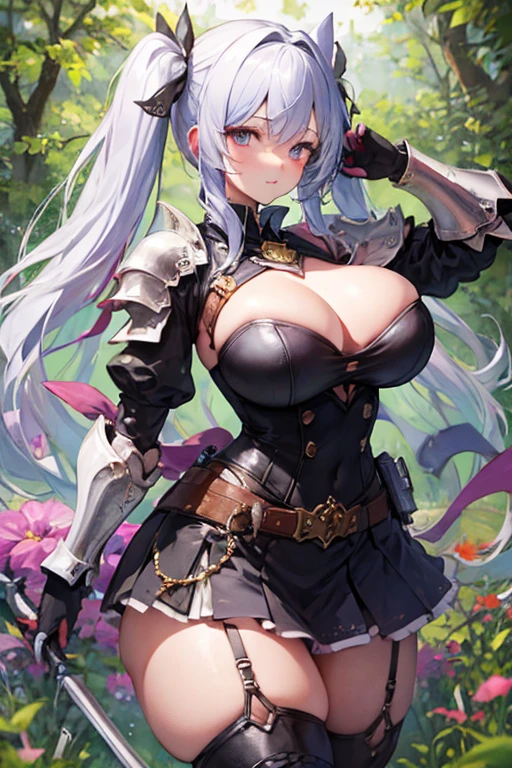 masterpiece, best quality, 1girl, light purple hair, long hair, twintails, bright purple eyes, cute, (black and silver knight armor, skirt, stockings:1.3), forest, (curvy, slim waist, gigantic breasts, bursting breasts, bottomheavy, gigantic ass, thick thighs, wide hips:1.1)