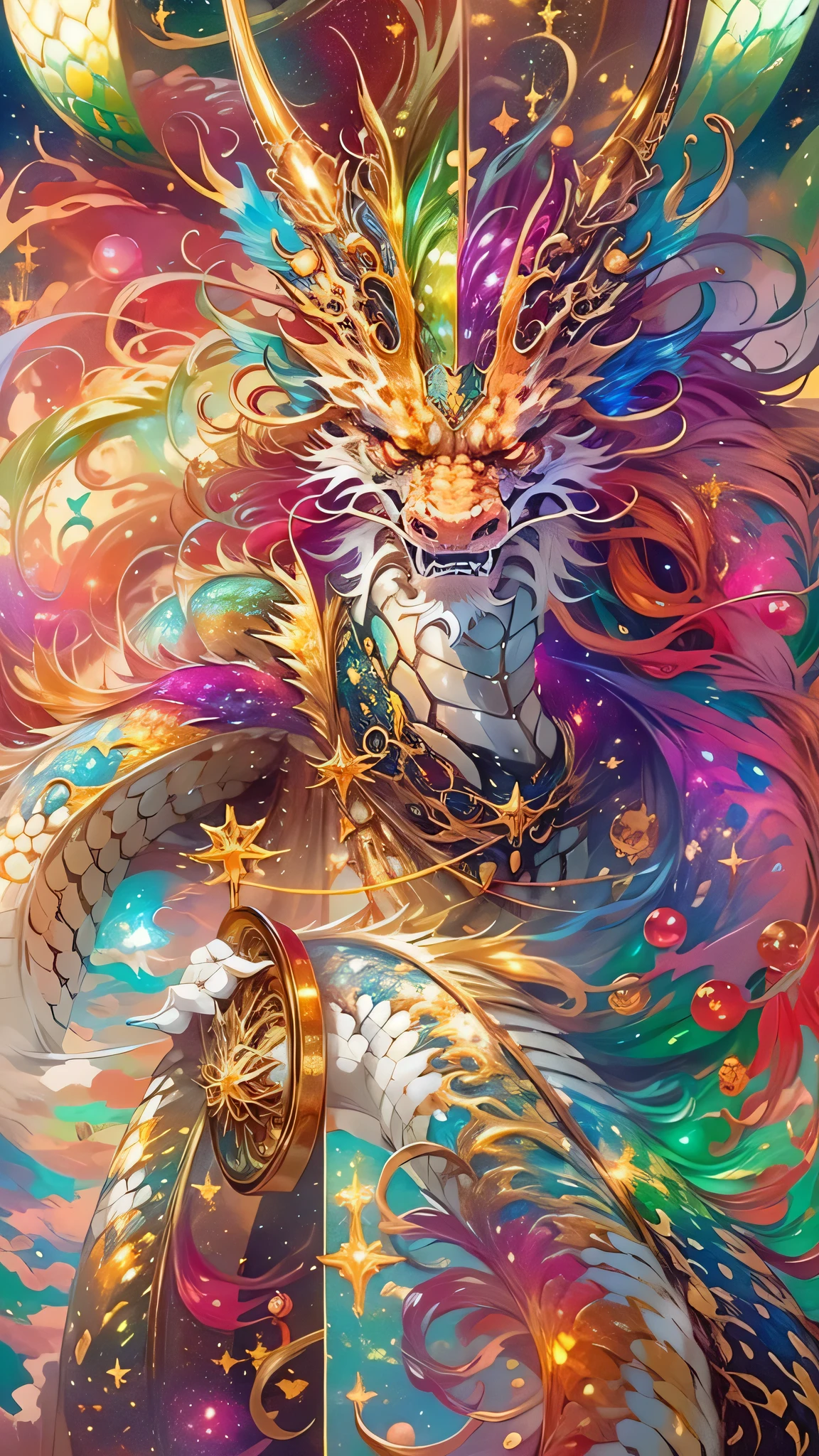 Golden Dragon。Rainbow glowing scales。The dragon god is coming。Golden Splash、milky way、god々々right、Staring straight ahead、Redbeard