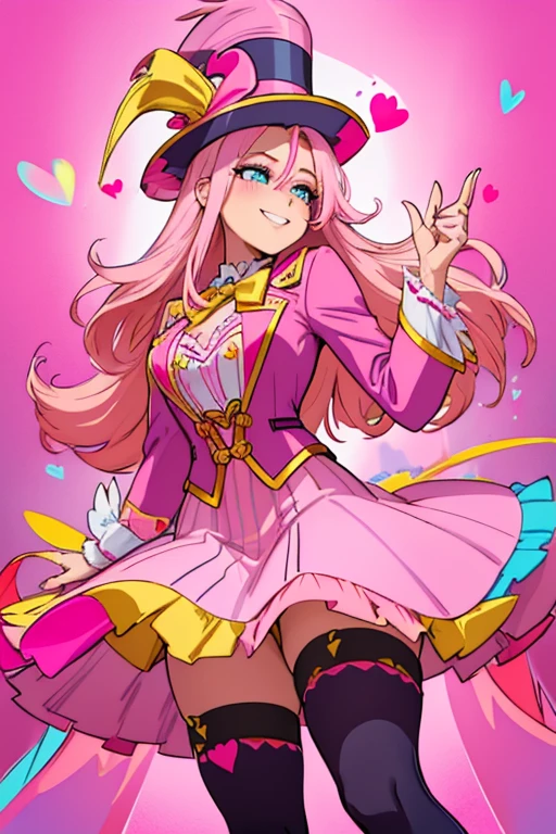 female, sunset pink long hair with yellow highlights, blue eyes, (((1girl))), (((pink ringmaster attire with dark pink hearts))), (yellow ribbon), (pink pencil skirt), (dark pink stockings), (pink heels), (pink top hat with dark pink heart and yellow feather), cute and sexy, large breasts, large butt, full body, long legs, smiling