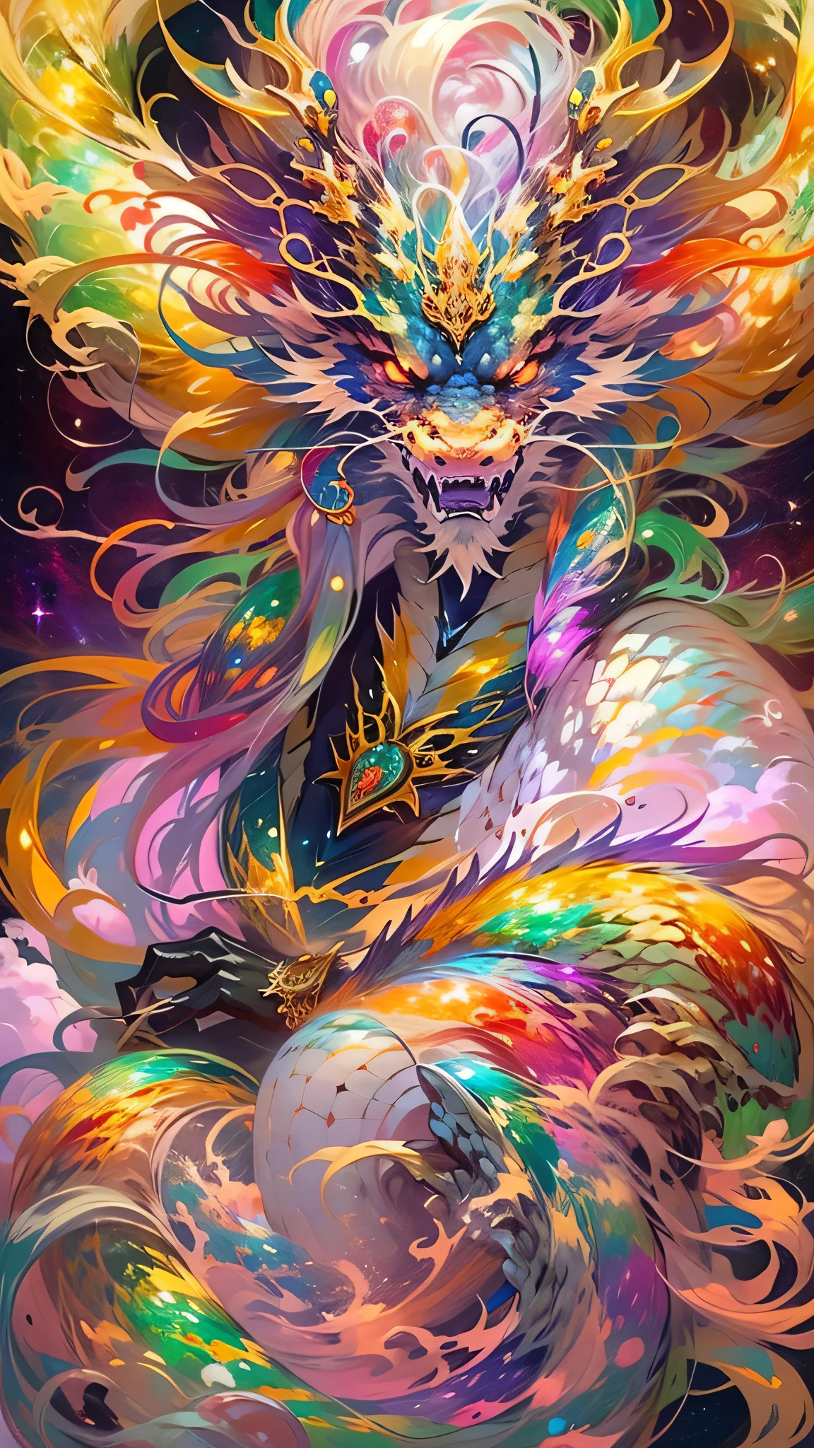 Golden Dragon。Rainbow glowing scales。The dragon god is coming。Golden Splash、milky way、god々々right、Staring straight ahead、Redbeard