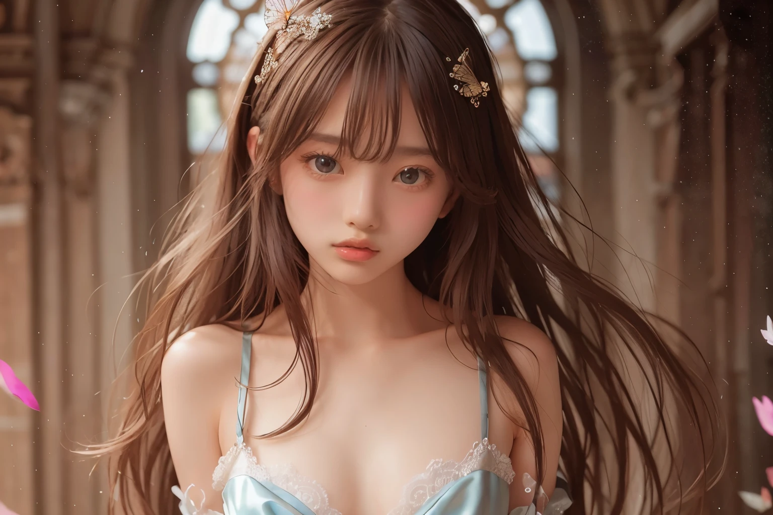 (One Girl:1.3), Cinematic Light, (Tabletop, highest quality, highest quality, beautifully、aesthetic:1.3), Very detailed,Best details,(Very detailed),, From above,(( Lying in bed)), alone, chest, Silky long hair, (Brown Hair), Roses were scattered in the flowerbed., ((suit)), ((shirt)), 開いたchest,大きなchest,Accurate finger drawing,Anatomically correct hand