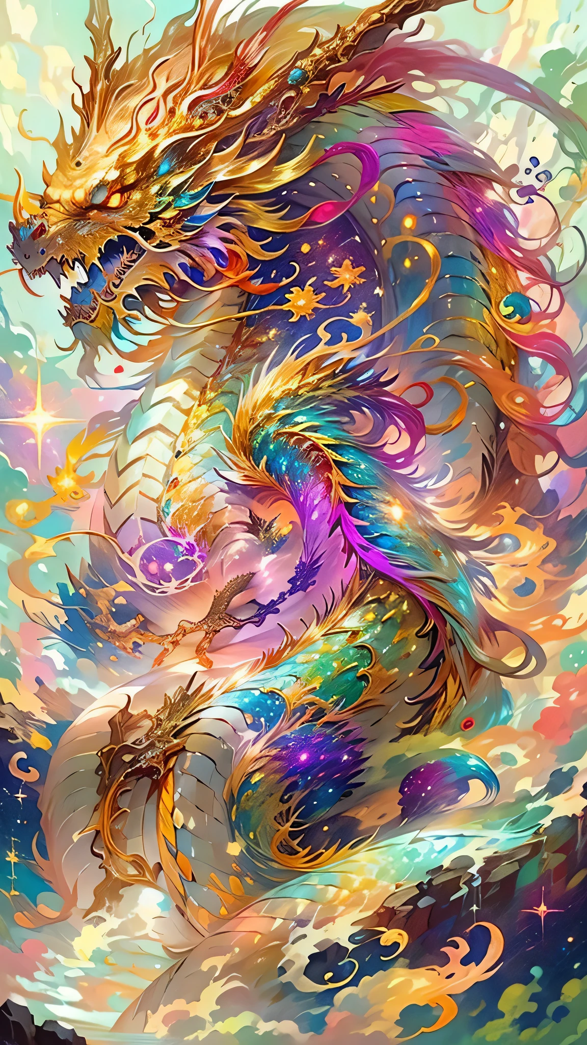 Golden Dragon。Rainbow glowing scales。The dragon god is coming。Golden Splash、milky way、god々々right、Staring straight ahead、Redbeard