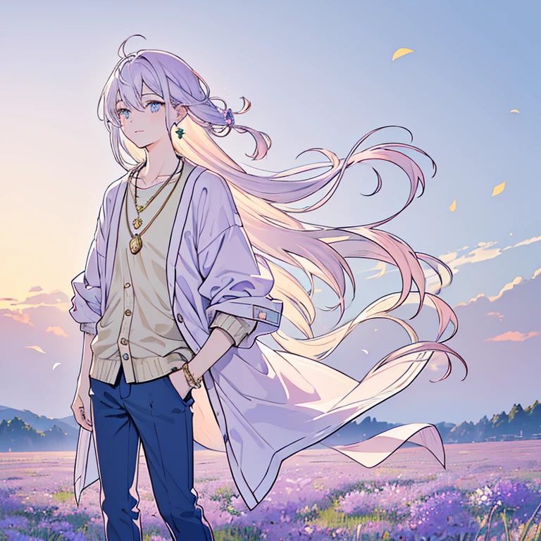 ((best quality)), ((masterpiece)), (detailed), perfect face. 1guy, androgynous, gold eyes, long lilac hair, straight hair, gradient hair, button shirt, soft blue cardigan, casual pants, simple clothing, simple necklace, small locket, long earrings, standing, flower meadow, windy
