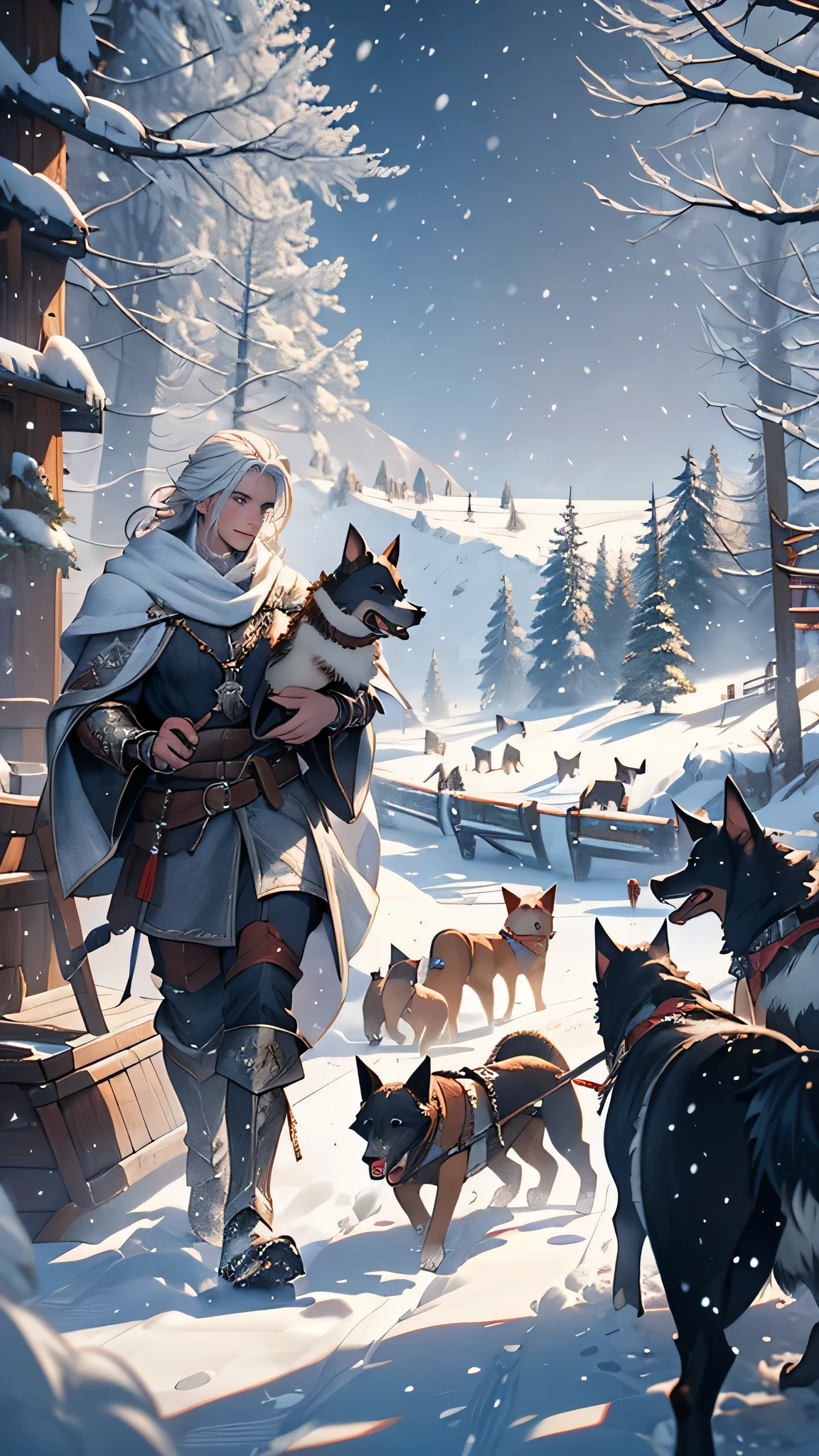 A medieval fantasy scene featuring a person driving a dog sledge by a pack of dogs through a snowy landscape with falling blizzards. The setting includes snow-covered trees and a frozen lake. atmosphere of the winter landscape