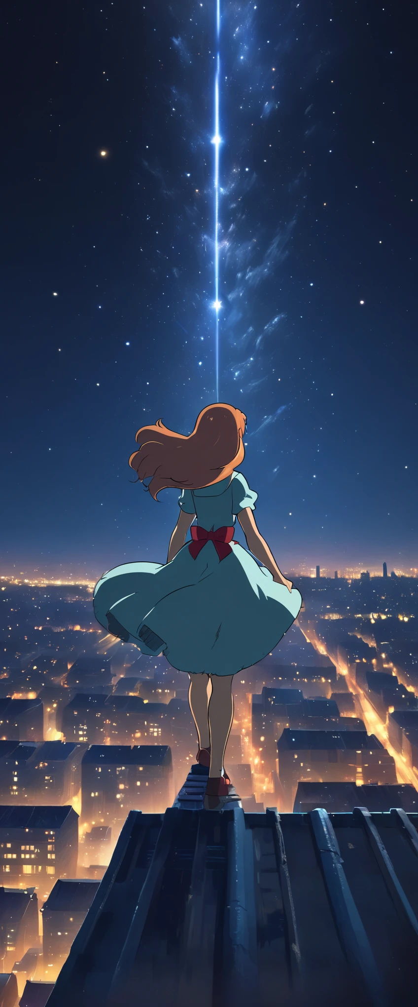 (Ghibli style:1.5)，1 Woman，(princess dress、long hair、top view)，Background city night， Standing on the roof， brave，Meteor Showers