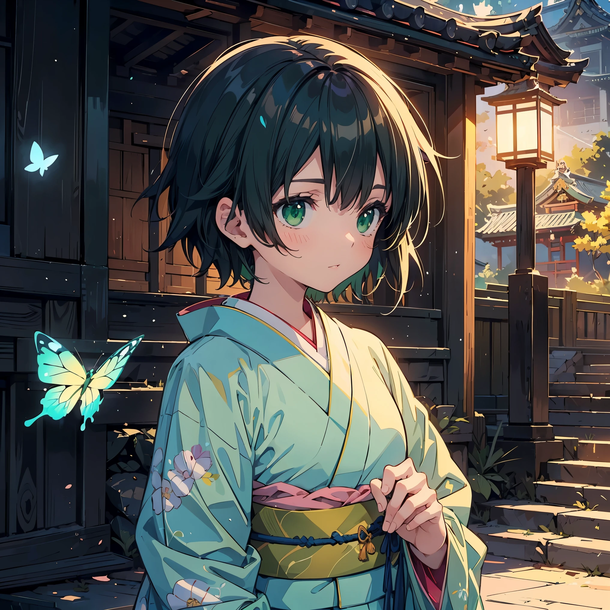 (masterpiece:1.2), (highest quality:1.2), Ultra-high resolution, Super detailed, Character Sheet, Perfect Eyes, Perfect Face, Perfect lighting,((Anime girl at Kiyomizu-dera temple)), ((looking away:1.4)), Surreal girl, (one person,Lolita,boyish, , 13 years old:1.3),Full Finger,, Androgynous charm, (Very short hair), Black Hair, Messy Hair, small and soft breasts,Slender body, Small Ass, Small green eyes,Detailed and beautiful eyes, Well-proportioned iris and pupil, Expressive eyes, Beautifully detailed lips, High resolution detailed hair, ((light green kimono:1.4)),(Red butterfly embroidery),(Gorgeous kimono), Ultra-dense skin, ((noon)), Gweiz-style artwork, Makoto Shinkai's art style, lofi portrait, Digital anime art, Makoto Shinkai style, LOFI Girl, Anime-style illustrations, lofi art style, Anime illustration