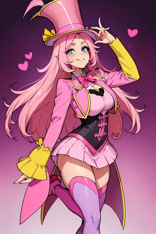 female, sunset pink long hair with yellow highlights, blue eyes, (((1girl))), (((pink ringmaster attire with dark pink hearts))), (yellow ribbon), (pink pencil skirt), (dark pink stockings), (pink heels), (pink top hat with dark pink heart and yellow feather), cute and sexy, large breasts, large butt, full body, long legs, smiling