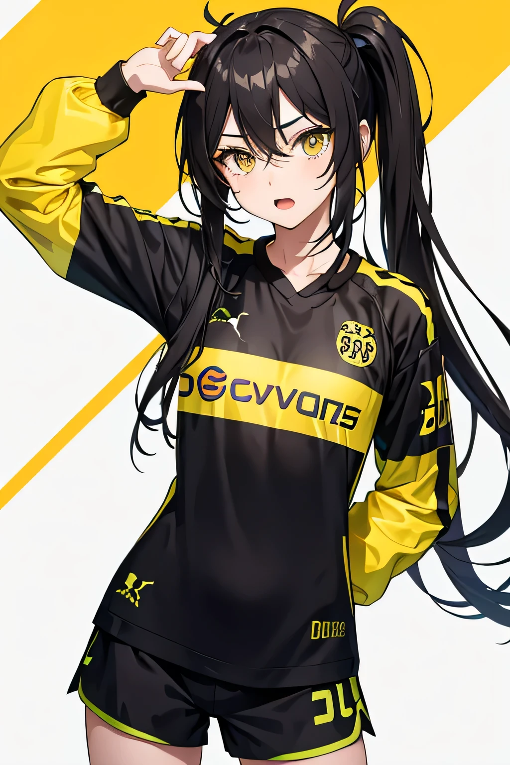 1girl,Borussia Dortmund football jersey 2023/24,long hair,black hair,yellow eyes,medium