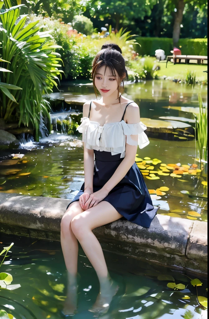 A woman sitting by a pond in a park washing her feet，Perfect face，Flowing clothes，Crystal clear water，Ribbon，garden，High heel，pretty feet