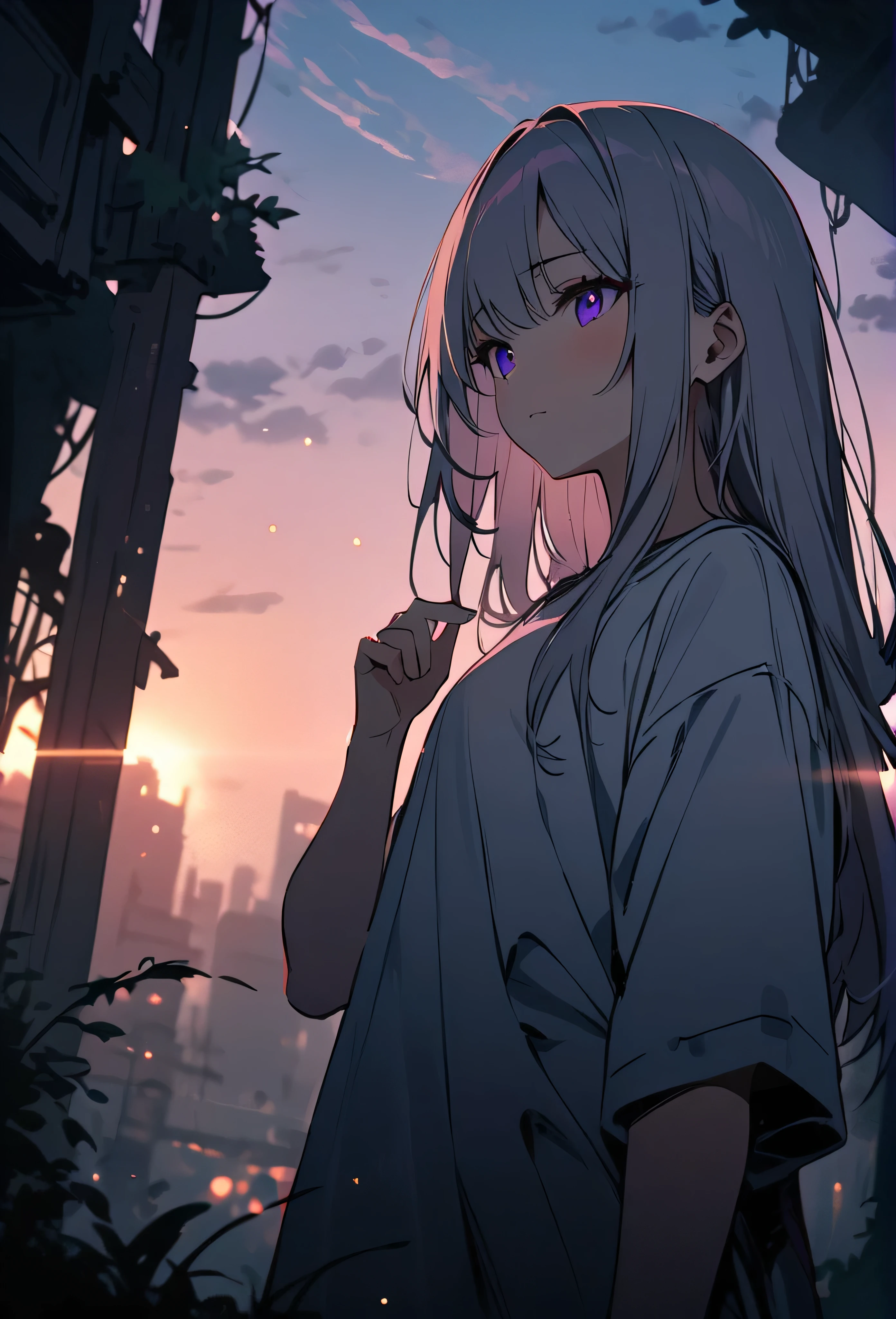 Resolution full, best quality, masterpiece, full HD, beautifull girl, foggy theme, super detailed, 1girl, cute girl, long hair, white light  hair, detailed beautiful violet eyes, white T - shirt oversized, holding glowing katana. from below, in ruins, overgrown. Day sky, gradient sky, sunset.  bokeh. Depth of field.
