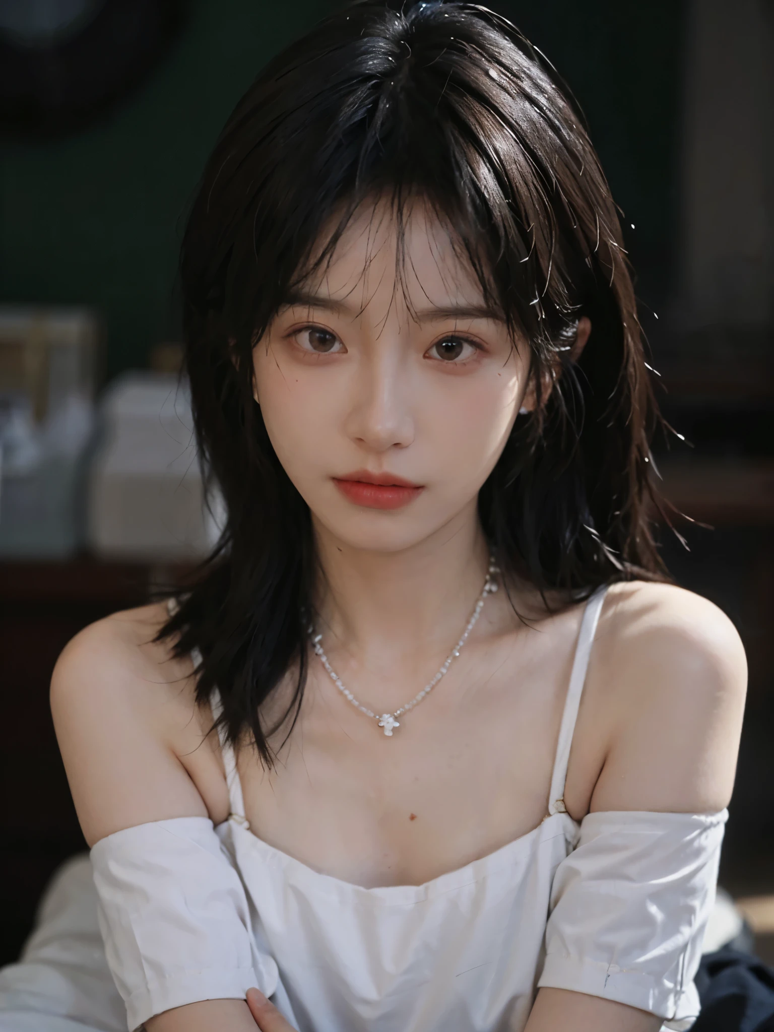 Film portrait photography, 1 girl, bare shoulders,lipstick,(flat chest:1.4), Shoulder length wavy hair, wear necklace,headband,look directly,earrings,short sleeves,serene, calm, (Realistic and detailed eyes, natural skin texture, Realistic facial details), Soft dramatic lighting, depth of field, Bokeh, Vibrant details, Detailed and detailed, surreal, 35mm film, hazy, whole body,