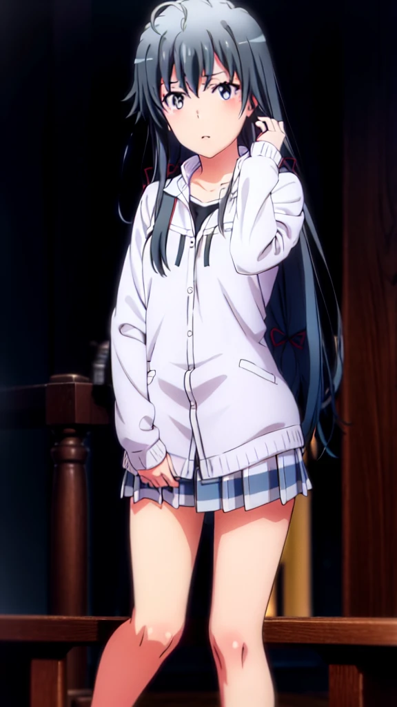 highest quality, masterpiece, High resolution, 1 girl, Yukino Yukinoshita, , pleated skirt, Long hair, red ribbon, white shirt, black jacket, big , Are standing, smile, academic background,Wind,Skirt twisting, Black underwear
