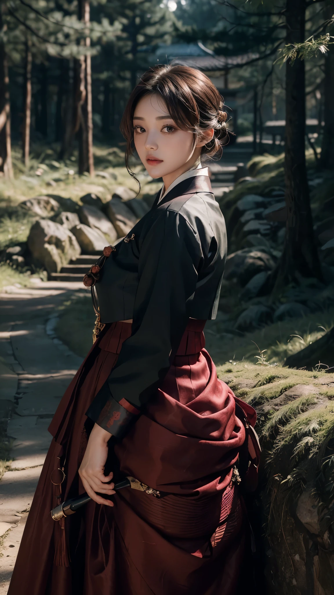 (best quality, 8K, masterpiece: 1.3), ((((((Incredibly huge breasts: 0.8))))), hairpin, (beautiful face:1.3), Dark Forest, chill, old tree,authentic hanbok, Red skirt, dark background, dark at night