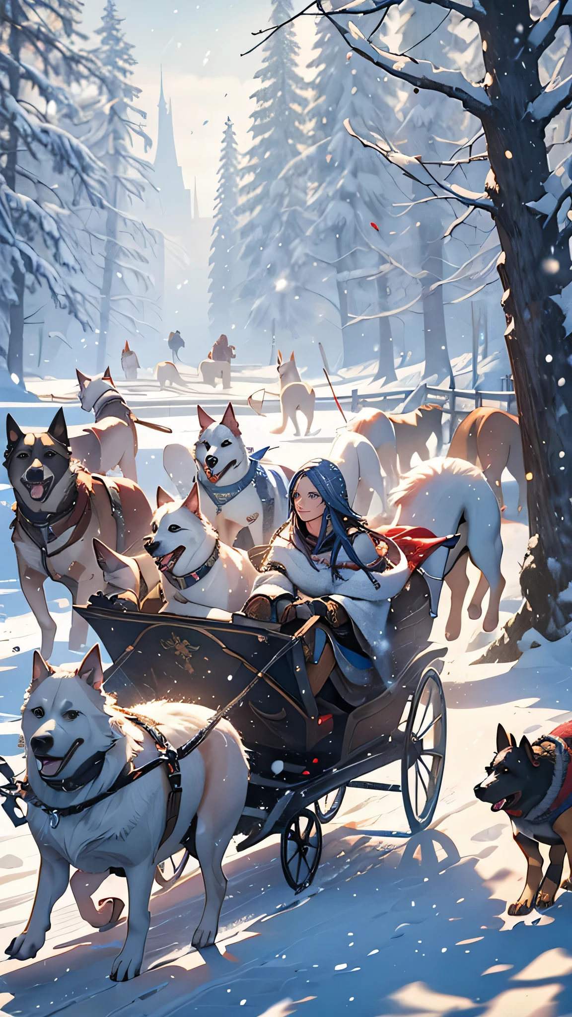 A medieval fantasy scene featuring a person driving sledge pull by a pack of dogs through a snowy landscape with falling blizzards. The setting includes snow-covered trees and a frozen lake. atmosphere of the winter landscape