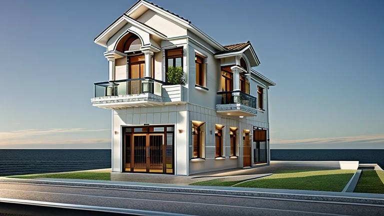 exterior house, contemporary style, white wall, wood wall, wood door, glass window, (realistic:1.2), Masterpiece, high quality, best quality, authentic, super detail, outdoors,road,pavement, grass, trees, sky, cloud, (daylight:1.1)
