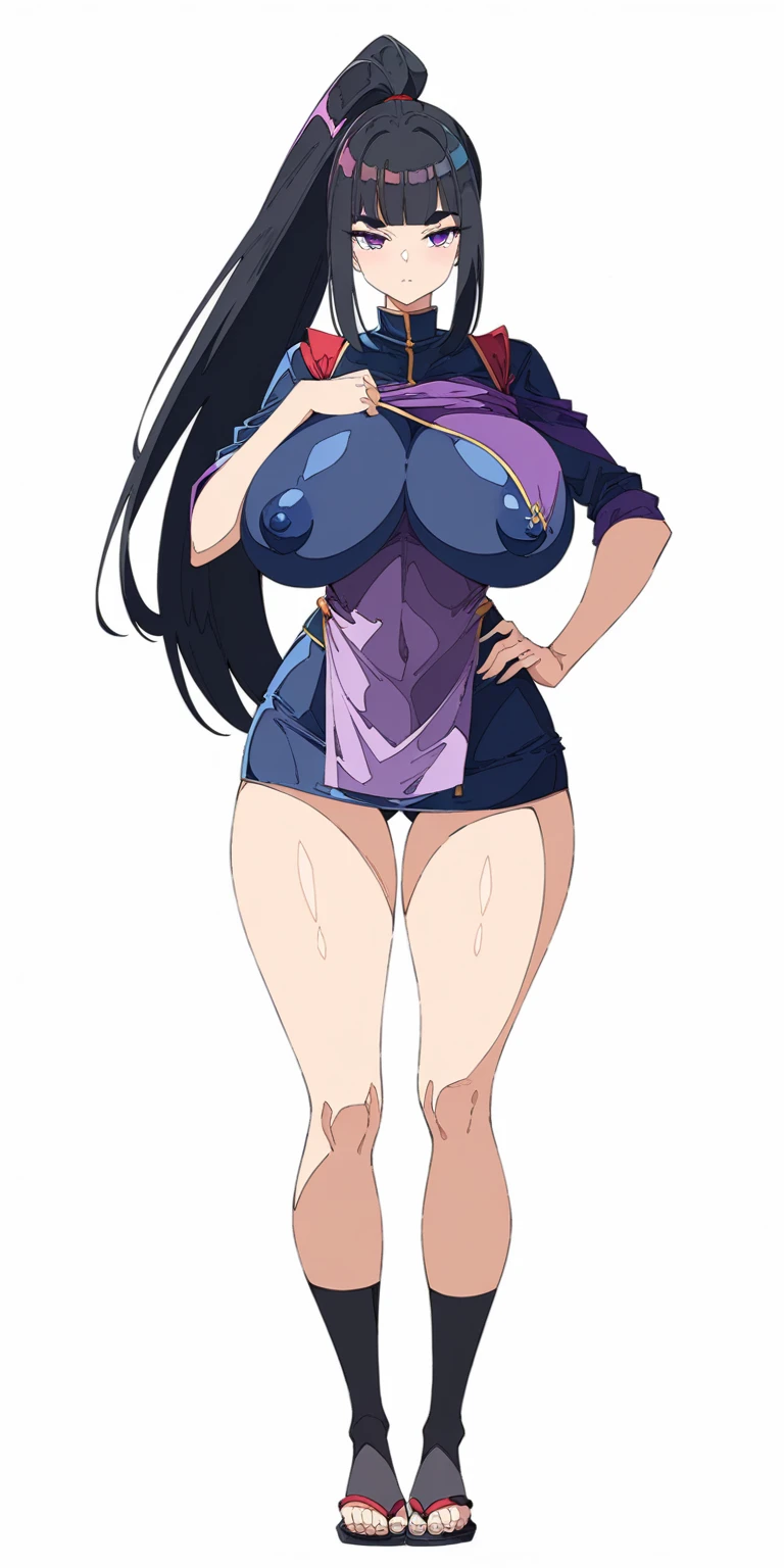 masterpiece, bestquality, ultra-detailed, 8K high resolution, artstation on trending,
middle ages, medieval times, Medieval European fantasy,
(flat design, ligne claire, photorealistic:1.4),
(1girl, fullbody, looking at viewer, front view:1.6),
(very long high ponytail, Long hair ponytail that touches your feet, japanese, thick eyebrows, navy purple ninja uniform, Lower body apron, short skirt, apron skirt, Japanese clothing, kimono, jinbei, ninja mask, Chainmail underwear, Full body very small mesh tights, black hair, Yamato Nadeshiko, bangs bangs, Cool beauty, angry eyes, Cold eyes, Half open eyes, half-closed eyes, Tight Mouth, wide mouth, Expressionless:1.4),
(gigantic saggy breasts, gigantic hard nipples), (Clothes that are completely stuck to the chest, impossible clothes:1.5), Impossible clothing with perfectly shaped extremely gigantic puffy nipples, pawg, (thin thighs, thick calf), (slender body), thin waist, mature milf, puffy lip, lewd, vulgar, erotic,
(standing contrapposto pose, spread legs, Hands on hips),
(SFW Clothing:1.8),
(white background:1.4),