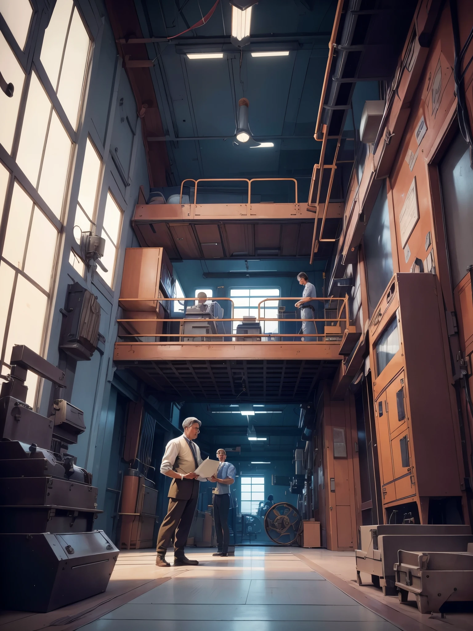 two factory working on a machine, man in futurist 6 0 ´ s lab, colourized, rene lalique and eddie mendoza, colourised, early xx century technology, by Leo Goetz, colorized, mc escher and ronny khalil, advanced technology, colorized photograph, paul lehr and m. c. escher, by Rudolf Freund