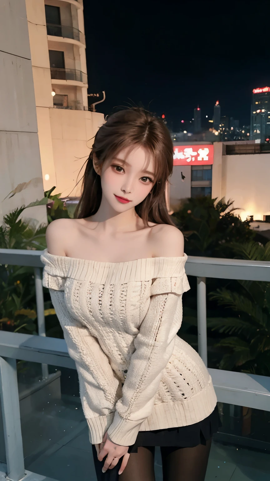 A beautiful Chinese girl wearing an off-shoulder white sweater dress and black pantyhose,Height 160,Weight 45kg,Perfect body,fairer complexion,Oval face,Deep facial features,Long brown hair,A confident smile,A little blush on face,light pink eyeshadow,night time,Posing against the railing on the observation deck,Realistic style,masterpiece