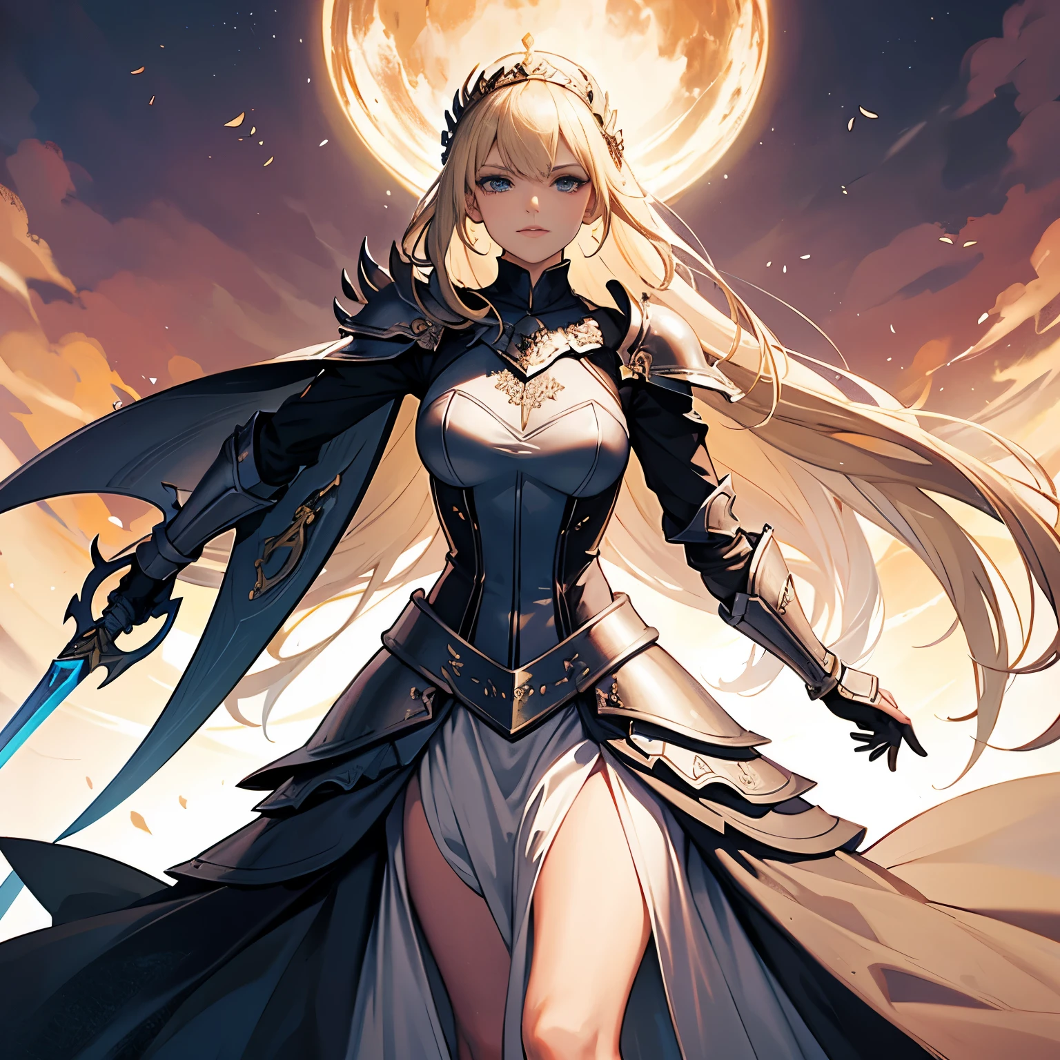 Dress Armor,In his right hand he holds a gorgeous, sharp, long sword,Holding a gorgeous shield in his left hand,Brave,A blonde woman1people,