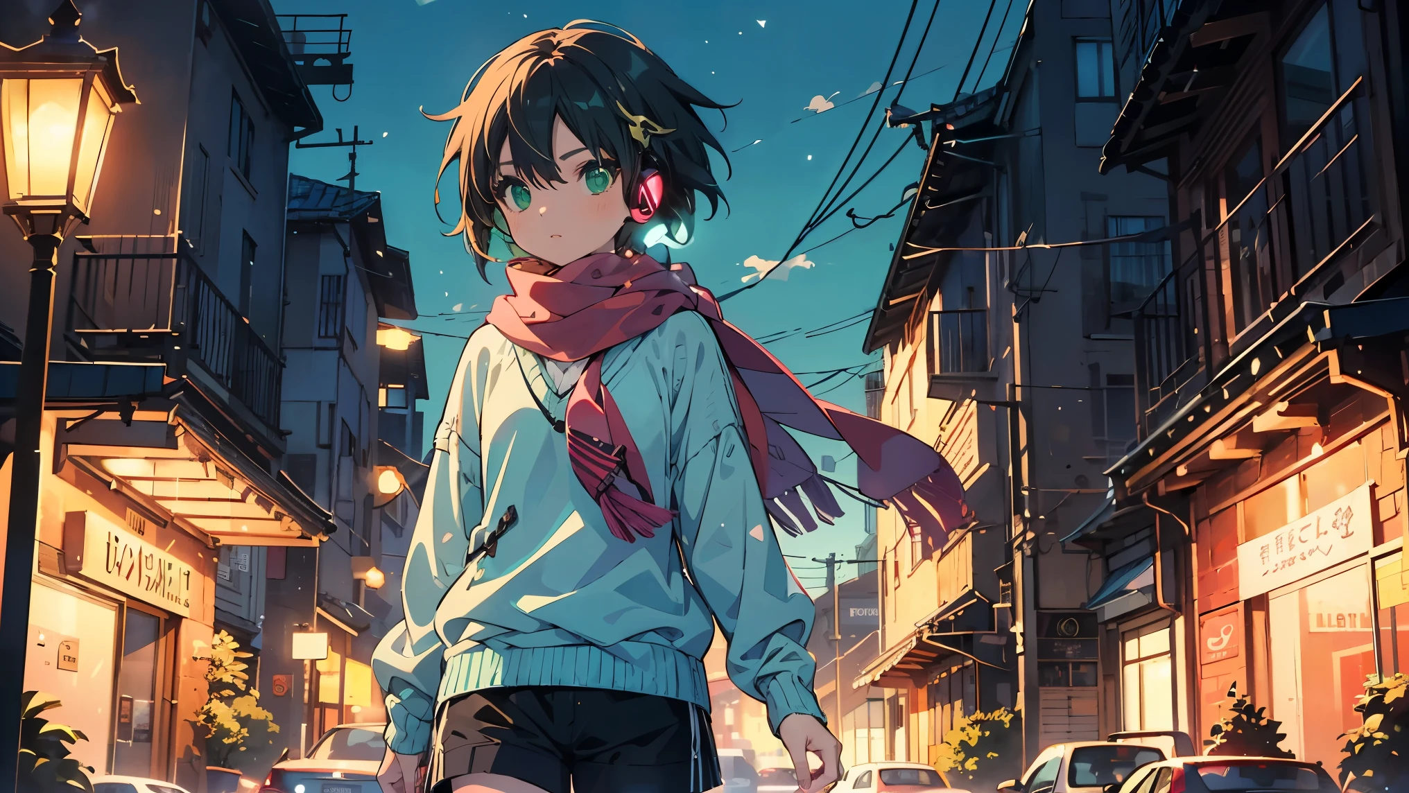 (masterpiece:1.2), (highest quality:1.2), Ultra-high resolution, Super detailed, Perfect Eyes, Perfect Face, Perfect lighting,((Anime girl walking with headphones)), ((looking away:1.4)), Surreal girl, (one person,Lolita,boyish, , 13 years old:1.3),Full Finger,, Androgynous charm, (Very short hair), Black Hair, Messy Hair, small and soft breasts,Slender body, Small Ass, Small green eyes,Detailed and beautiful eyes, Well-proportioned iris and pupil, Expressive eyes, Beautifully detailed lips, High resolution detailed hair, ((light green sweater:1.4)),((Black shorts:1.3)),((Red scarf)),Ultra-dense skin, (Warm lighting), ((night)), Cobblestone boulevard, electric lights, Gweiz-style artwork, Makoto Shinkai's art style, lofi portrait, Digital anime art, Makoto Shinkai style, LOFI Girl, Anime-style illustrations, lofi art style, Anime illustration