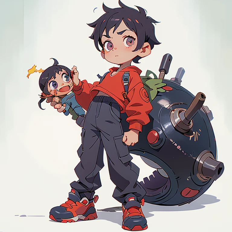 Cute and little boy, mirada seria, ropa oscura, ojos rojos, pantalones largos, zapatos grandes y amarillos, una pose divertida.
