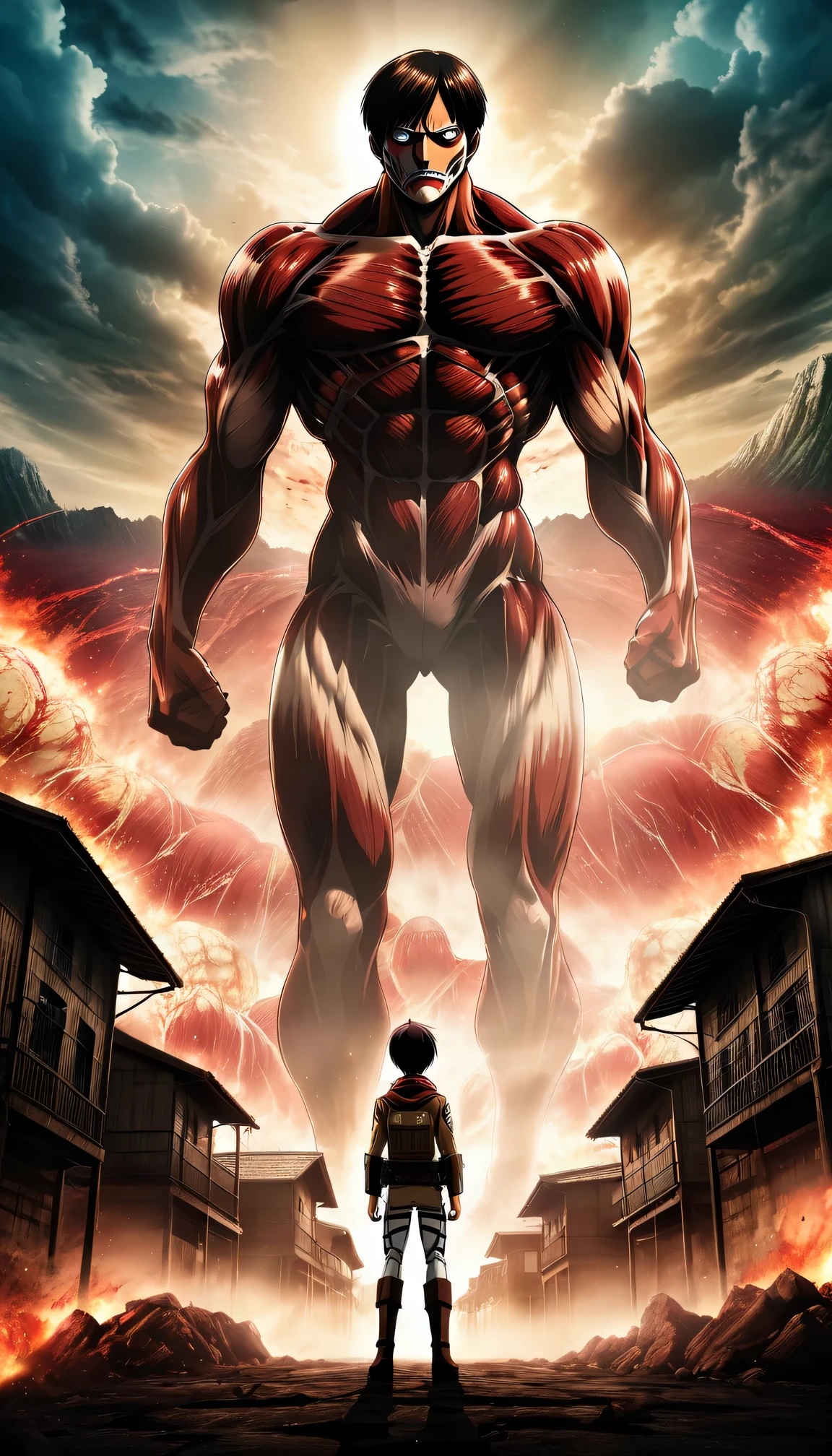 Photography of Eren Jaeger, the protagonist of Attack on Titan, depicted in a moody movie poster. Eren stands in the foreground, dressed in a rugged Paradis Island uniform and equipped with ODM gear, ready for battle. His expression is one of intense fear and determination as he looks up at the colossal titan towering above him. The lighting is dark and ominous, casting eerie shadows on Eren's face and highlighting the colossal titan's menacing presence. This poster captures the intense atmosphere and high stakes of the Attack on Titan universe, leaving viewers on the edge of their seats