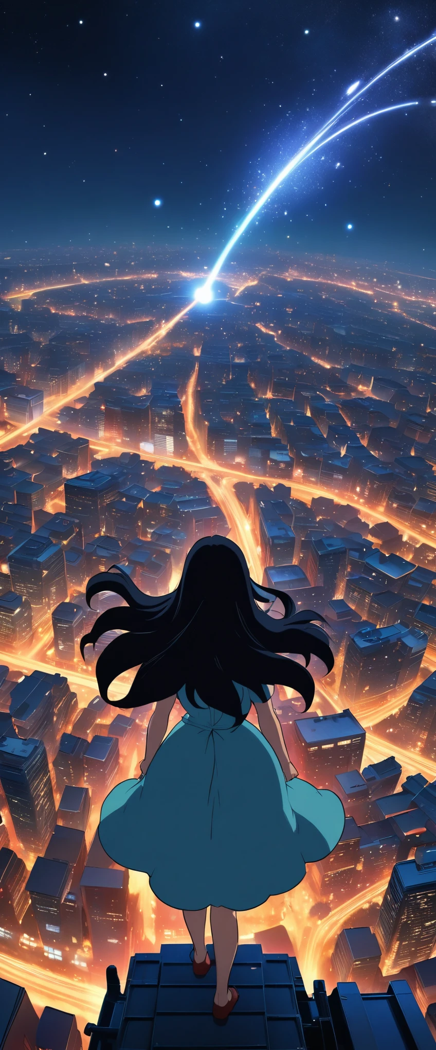 (Ghibli style:1.5)，1 Woman，(princess dress、long hair、top view)，Amazing city views，Background city night， Standing on the roof， brave，Meteor Showers，modern