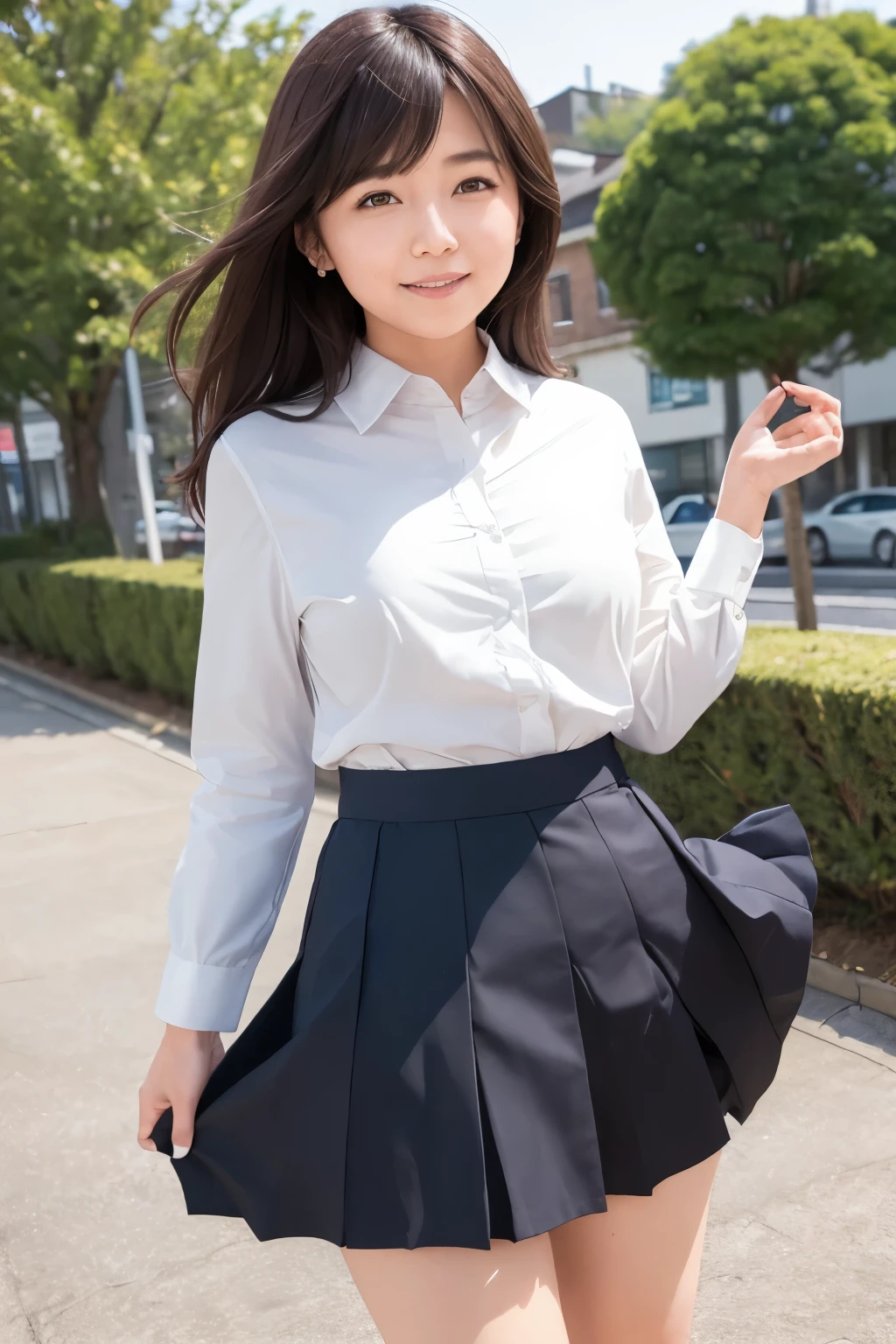 Girl and girl, ((uniform)), blouse, ((lifts skirt:1.3)), (wind flips up skirt and reveals panties:1.2), ((shows panties)), light smile, outdoors,