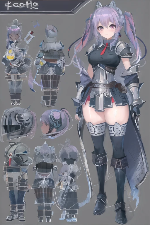 masterpiece, best quality, 1girl, light purple hair, long hair, twintails, bright purple eyes, cute, (black and silver knight armor, skirt, stockings:1.3), (curvy, slim waist, gigantic breasts, bursting breasts, bottomheavy, gigantic ass, thick thighs, wide hips:1.1), (character reference sheet:2.0)