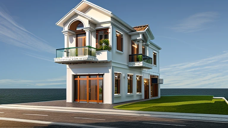exterior house, contemporary style, white wall, wood wall, wood door, glass window, (realistic:1.2), Masterpiece, high quality, best quality, authentic, super detail, outdoors,road,pavement, grass, trees, sky, cloud, (daylight:1.1)