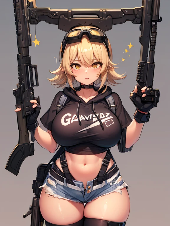 solo 1girls thick figure thick thighs size huge breast hard nipple size hige hip yellow eyes tan skin short blonde messy hair wear fingerless gloves wear short crop top hoodie wear short crop jean ripped wear holster wear black stocking tight outfit holding a rifle on hands wear tactical backpack wear tactical goggle on head 