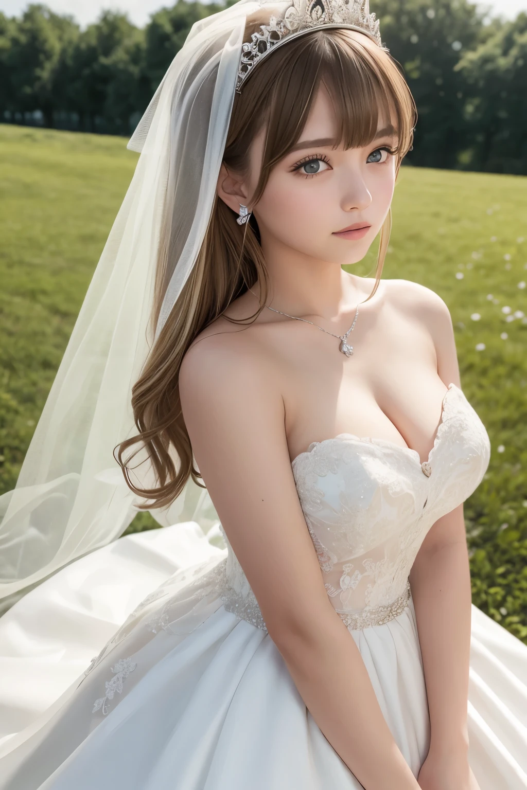 A girl,16 year old,wedding dress,european countryside,blonde,bangs bangs,pretty face,thick and muscular upper arms,tiara