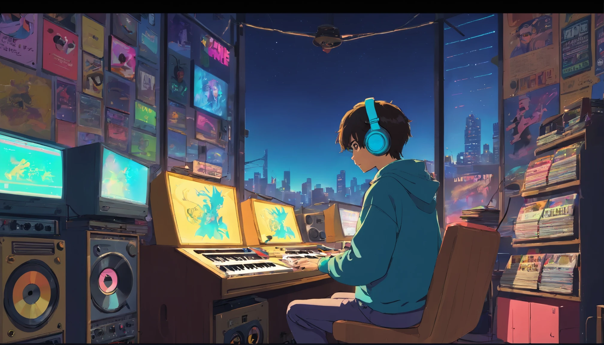 Photo of a man listening to music with headphones, Text Why you?, Super Detail, Retro Wave, cyber punk, Sad mood, 窓から差し込むnightの光, Jamaican flag visible from the window, nightの雰囲気, One Bedroom, 2D, (Long Shot), Wide Shot, (Movie noise), Old cartoons, (Many records: 1.3), vinyl record store, (masterpiece, Very high quality, Very high quality, Official Art, beautifully、aesthetic: 1.2), (Very detailed, (Fractal Art: 1.4 ), guitar, (Note: 1.4), (Lo-fi hip hop), Side view, Old Anime Texture, alone, speaker, cyber punk, vinyl, night