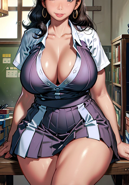 Draw lips correctly, Lipstick, From chest up, best quality, Super detailed, Practical, super thin skin, Perfect anatomical structure, (1. Japanese Adulthood), (alone),Sexy and seductive teacher,Short sleeve,Long curly hair,27-year-old woman,Charming smile,Slim and curvy body,Cleavage,Revealing clothes,Pleated Skirt,Tease underwear,Confident posture,Conduct sex education,classroom environment,blackboard,Books and papers,stop,Round Face,A bit big,Large bust,Cleavage,full-body shot