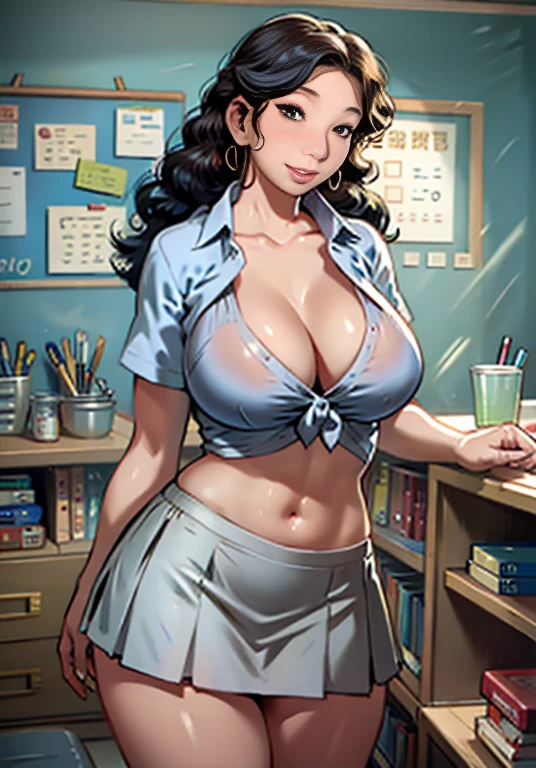 Draw lips correctly, Lipstick, From chest up, best quality, Super detailed, Practical, super thin skin, Perfect anatomical structure, (1. Japanese Adulthood), (alone),Sexy and seductive teacher,Short sleeve,Long curly hair,27-year-old woman,Charming smile,Slim and curvy body,Cleavage,Revealing clothes,Pleated Skirt,Tease underwear,Confident posture,Conduct sex education,classroom environment,blackboard,Books and papers,stop,Round Face,A bit big,Large bust,Cleavage,full-body shot