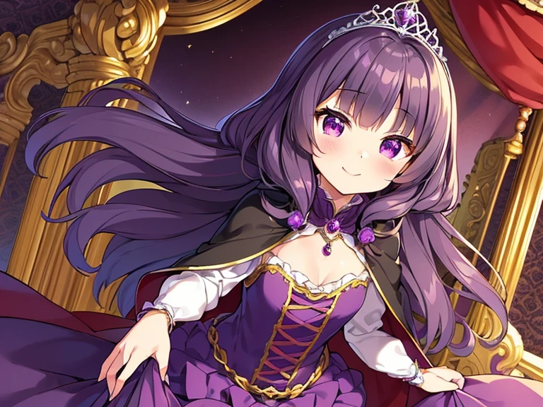 (kawaii),(best quality),(ultra detailed), upper body,(rococo style),(long train dark violet cape:1.15), very long cape,(long train dark violet ball gown with flower decorations), a girl is wearing a cape over her gown, 1  princess, tiara, smile, small breasts, very long hair