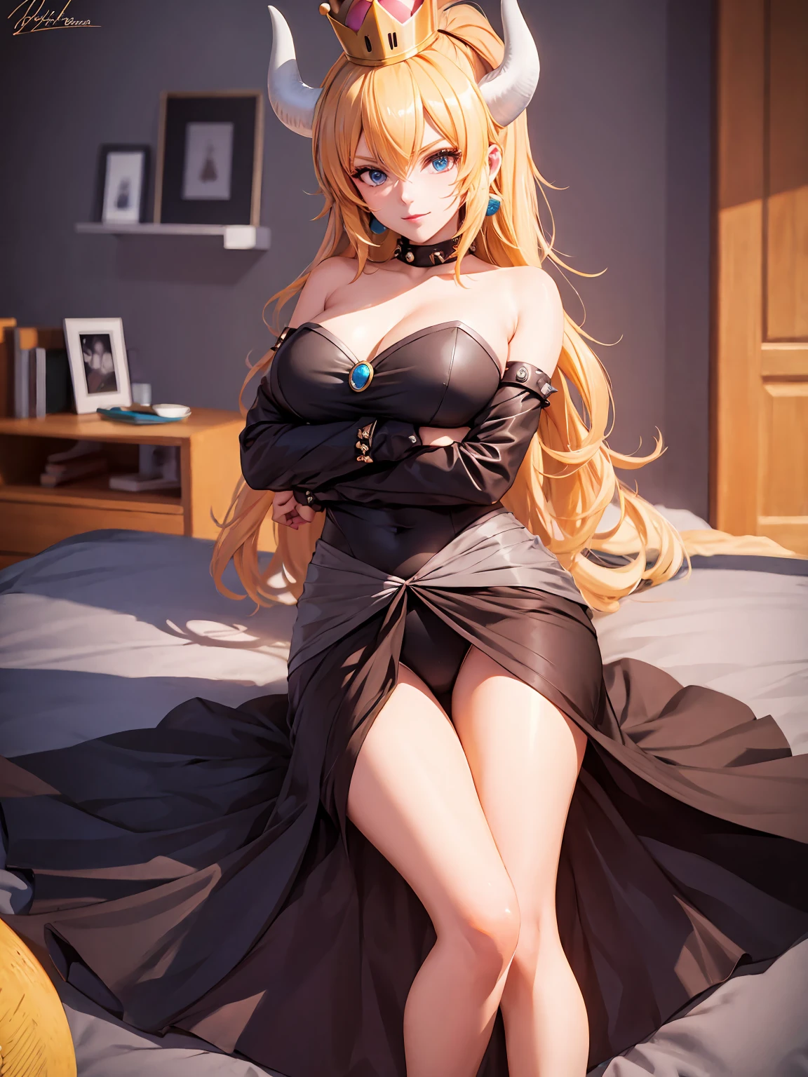 ((high detail, best quality, 4K, masterpiece, HD:1.3)), ((best quality)), (((HD))), (((8k))), (超DH), (ultra HD), Bowsette dragon horn crown Big sexy black dress castle full-body shot