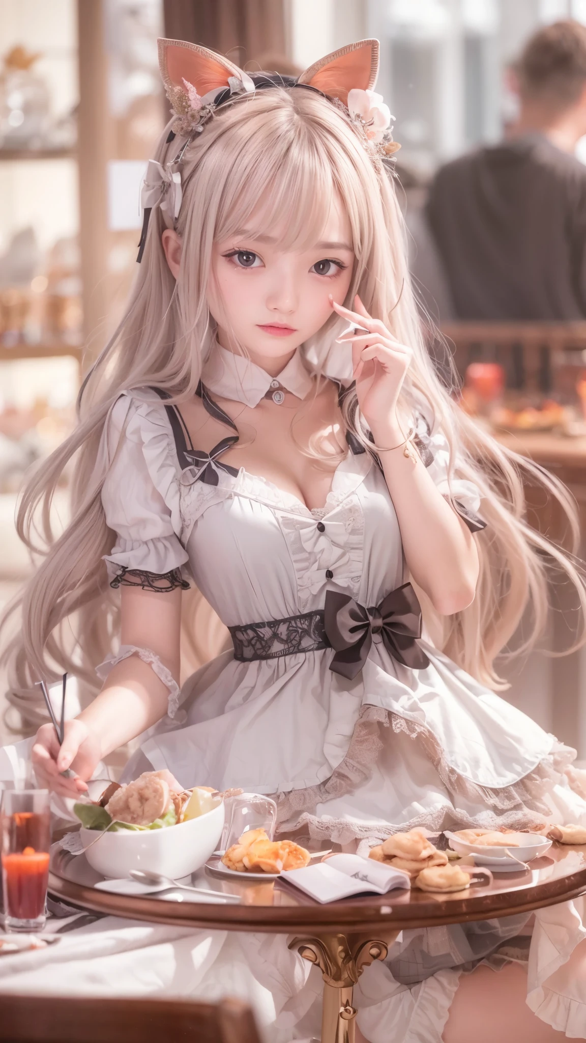 (Masterpiece, Best quality, Masterpiece,Best quality,offcial art, 8K wallpapers), Girl,chiquita，with long hair in takes, Pink hair, Wavy hair, Small breasts,(Dynamic color Lolita costume), Bare legs, Skirt lift,European restaurant，candlestick，wall，tableware， (Skin with the highest level of detail: 1,2), (The highest level of detail in the dial:1.2), Front lighting, natta, warm white light, looks into camera,