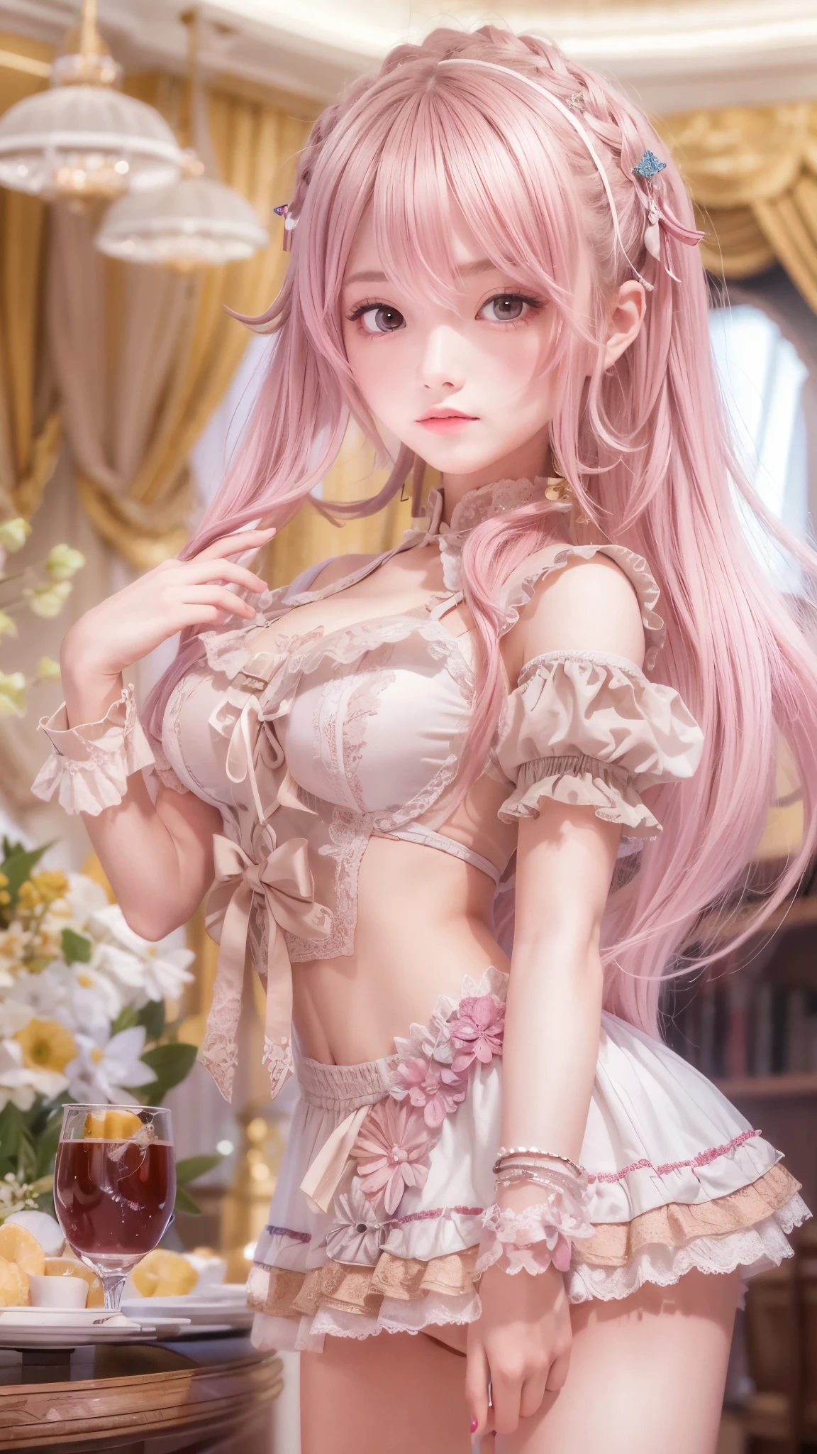 (Masterpiece, Best quality, Masterpiece,Best quality,offcial art, 8K wallpapers), Girl,chiquita,with long hair in takes, Pink hair, Wavy hair, Small breasts,(Dynamic color ta costume), Bare legs, Skirt lift,European restaurant,candlestick,wall,tableware, (Skin with the highest level of detail: 1,2), (The highest level of detail in the dial:1.2), Front lighting, natta, warm white light, looks into camera,