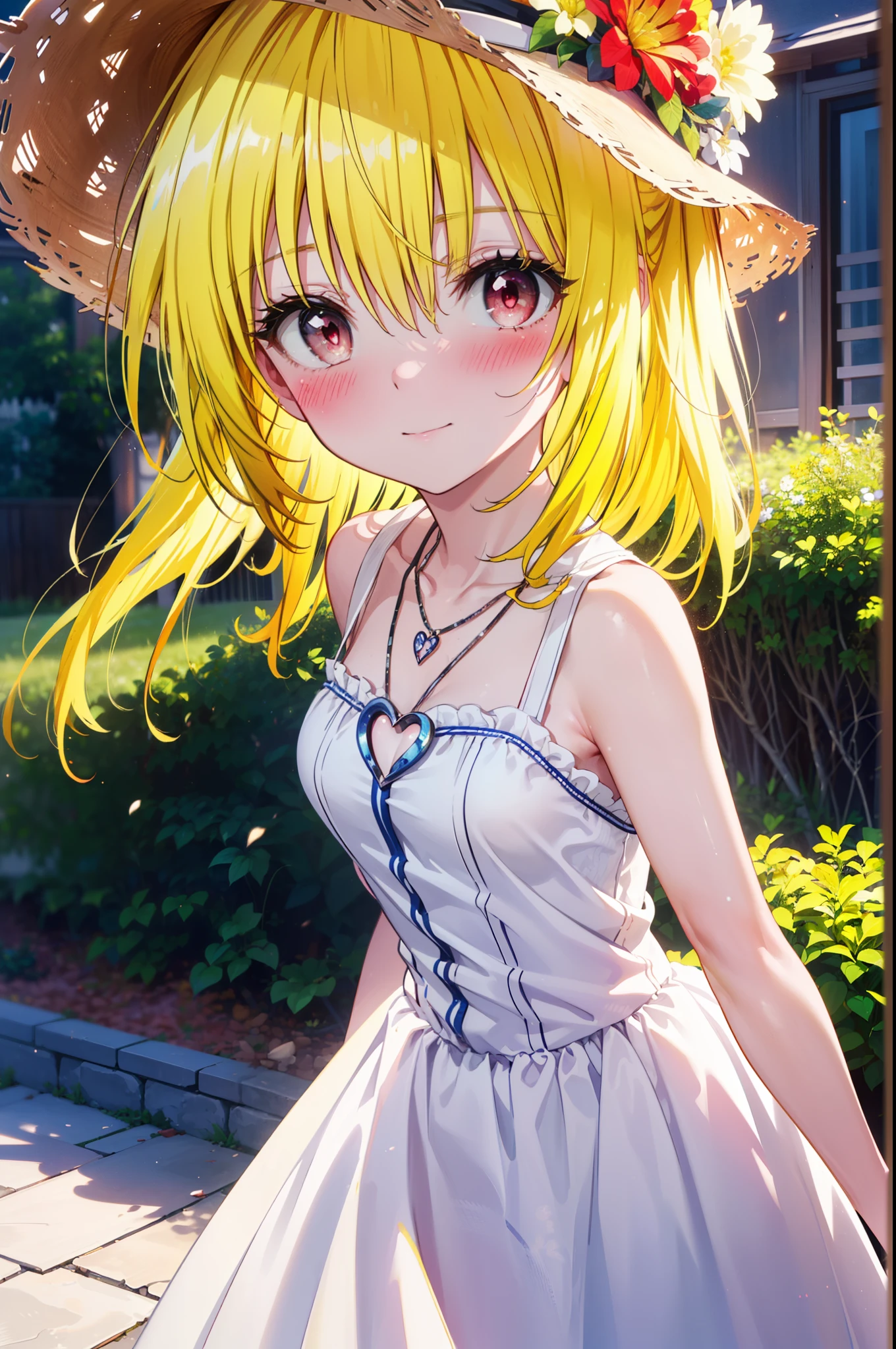 toloverumy, my, (yellow hair:1.5), Long Hair, (Red eyes:1.5), smile,blush, Embarrassing,Big white hat,Long skirt integrated sleeveless dress,Heart Necklace,Bare arms,Bare neck cute sandals,True Summer,Daytime,
break outdoors, garden,
break looking at viewer, (Cowboy Shot:1.5),
break (masterpiece:1.2), highest quality, High resolution, unity 8k wallpaper, (figure:0.8), (Beautiful fine details:1.6), Highly detailed face, Perfect lighting, Highly detailed CG, (Perfect hands, Perfect Anatomy),