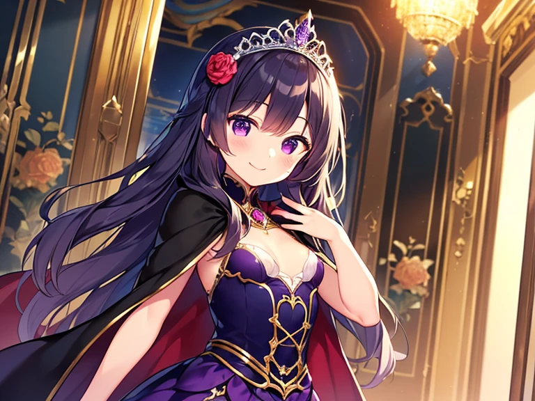 (kawaii),(best quality),(ultra detailed), upper body,(rococo style),(long train dark violet cape:1.15), very long cape,(long train dark violet ball gown with flower decorations), a girl is wearing a cape over her gown, 1 little princess, tiara, smile, small breasts, very long hair