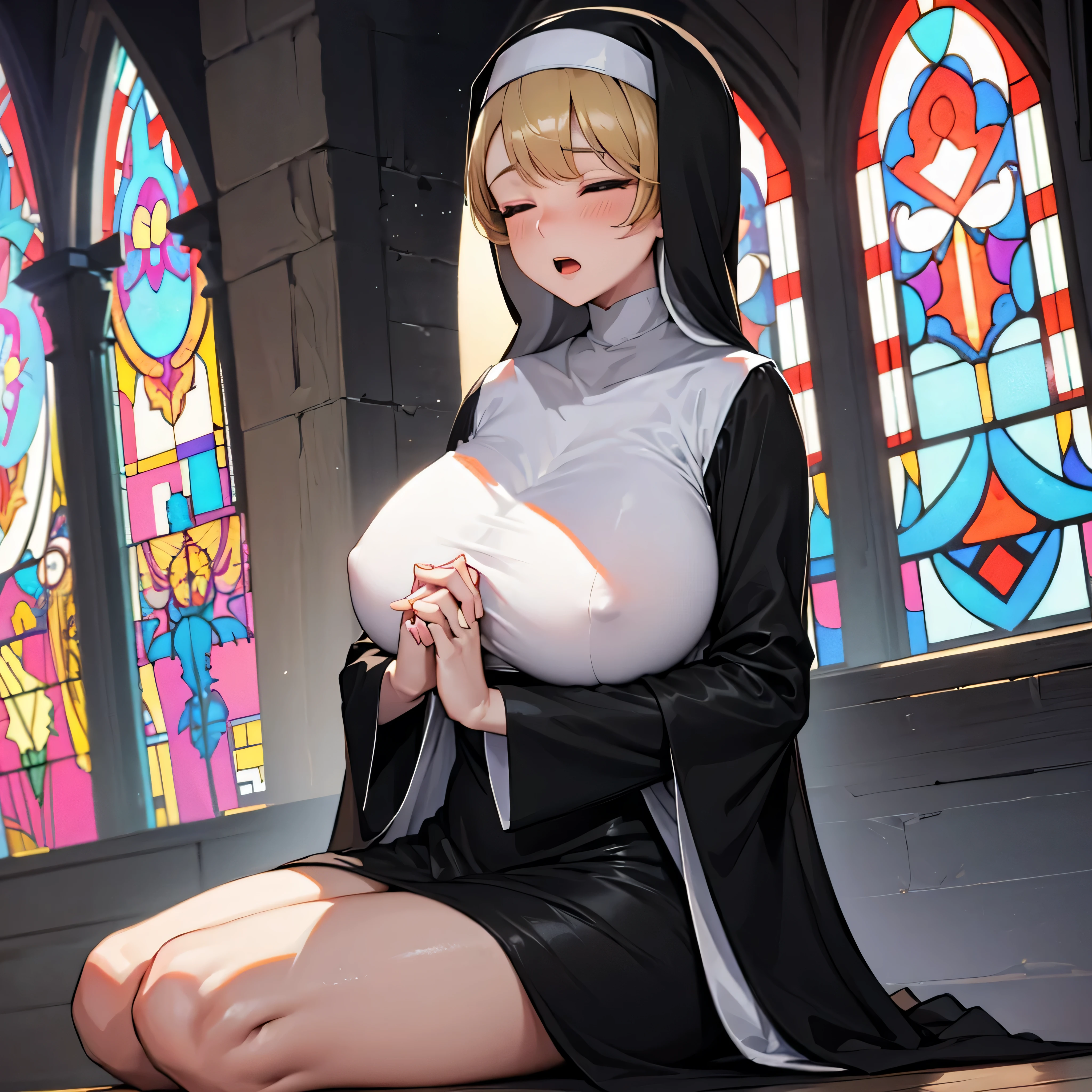 (solo:1.2), (1 praying cute nun:1.3) standing in church, (praying with holding hands together over chest:1.2), very skinny, (tight sheer long black robe:1.5), (disproportionately gigantic breasts:1.3), (bursting perky breasts:1.3), inconceivably narrow waist, too short torso, skinny long legs, closing eyes, nose blush, open mouth, (heavy breathing:1.3), stained glass in distance, full body, 8k, ultra-detailed, masterpiece, beautiful detailed hair