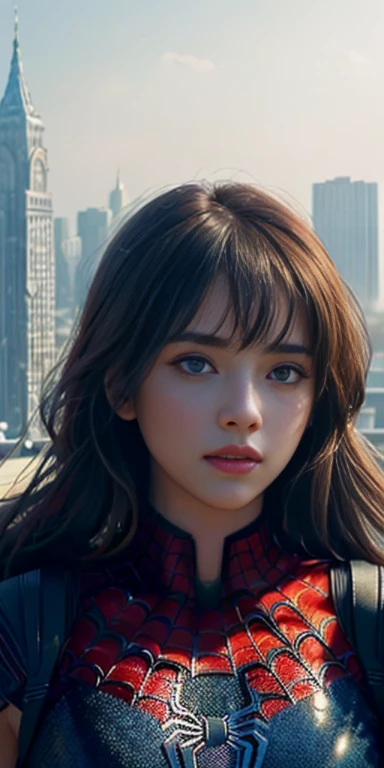 (1girl:1.3), Solo, (((Very detailed face)))), ((Very detailed eyes and face)))), Beautiful detail eyes, Body parts__, Official art, Unified 8k wallpaper, Super detailed, beautiful and beautiful, beautiful, masterpiece, best quality, original, masterpiece, super fine photo, best quality, super high resolution, realistic realism, sunlight, full body portrait, amazing beauty, dynamic pose, delicate face, vibrant eyes, (from the front), She wears Spider-Man suit, red and black color scheme, spider, very detailed city roof background, rooftop, overlooking the city, detailed face, detailed complex busy background, messy, gorgeous, milky white, highly detailed skin, realistic skin details, visible pores, clear focus, volumetric fog, 8k uhd, DSLR, high quality, film grain, fair skin, photo realism, lomography, futuristic dystopian megalopolis, translucent