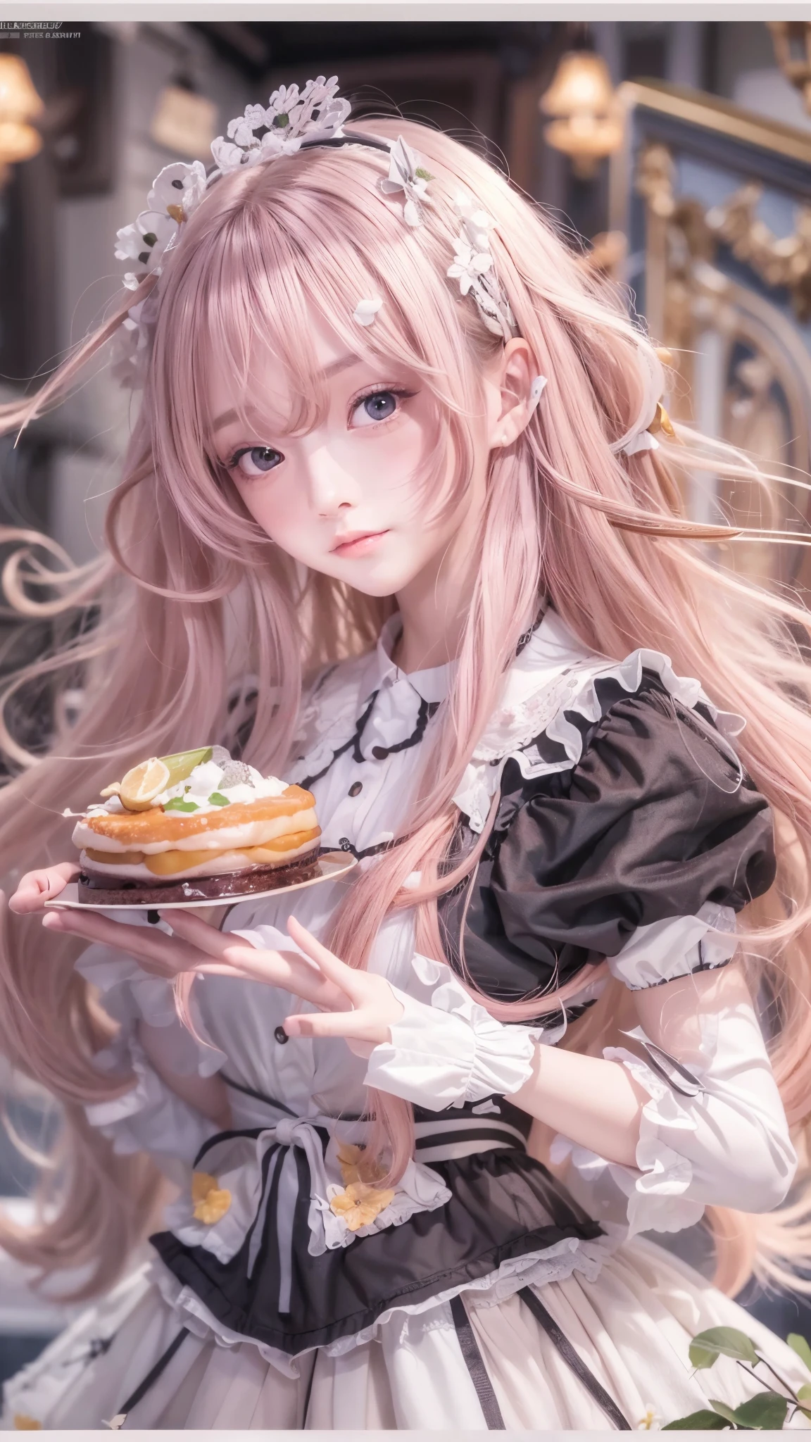 (Masterpiece, Best quality, Masterpiece,Best quality,offcial art, 8K wallpapers), Girl,chiquita,with long hair in takes, Pink hair, Wavy hair, Small breasts,(Dynamic color Lolita costume), Bare legs, Skirt lift,European restaurant,candlestick,wall,tableware, (Skin with the highest level of detail: 1,2), (The highest level of detail in the dial:1.2), Front lighting, natta, warm white light, looks into camera,