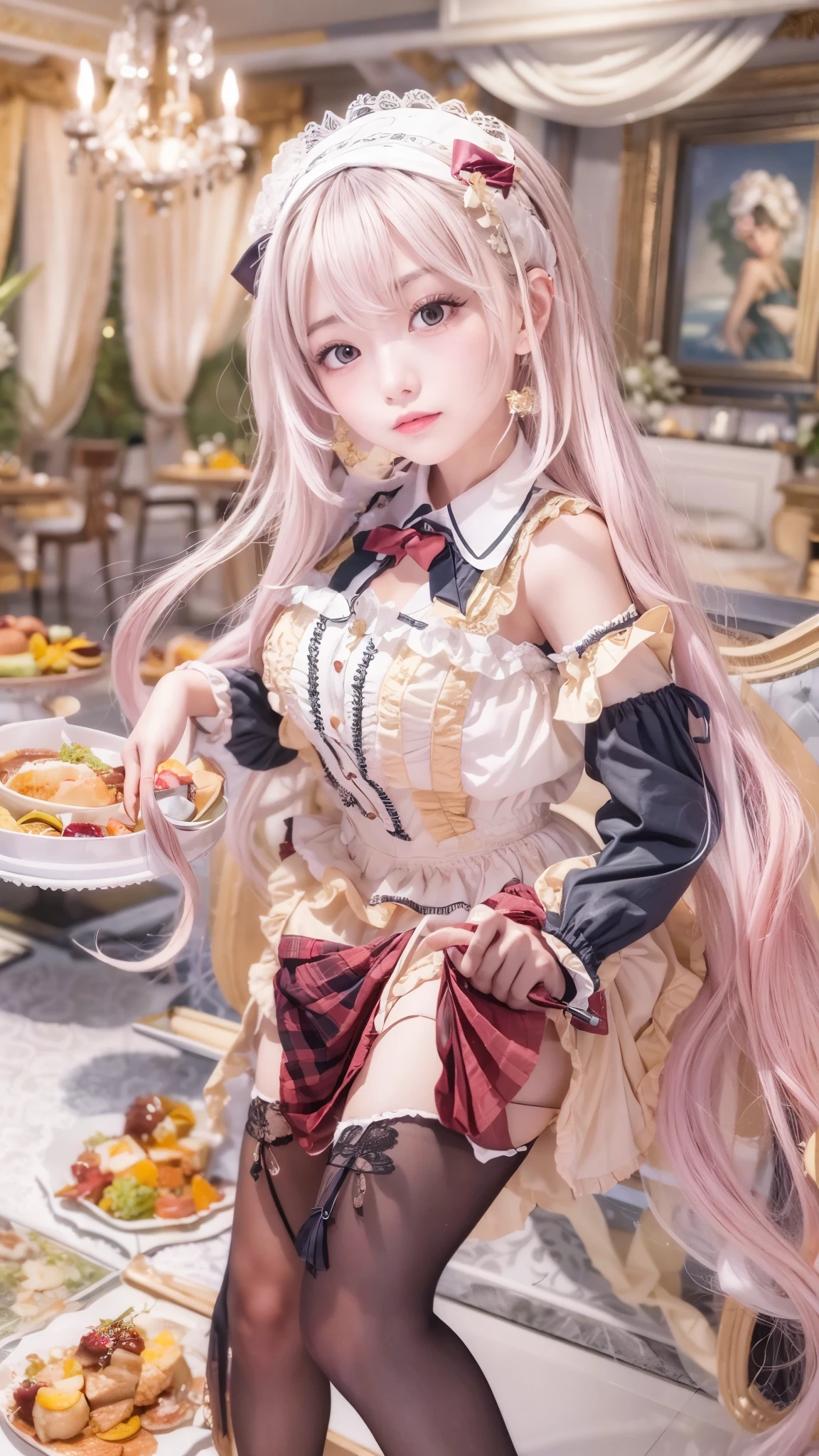 (Masterpiece, Best quality, Masterpiece,Best quality,offcial art, 8K wallpapers), Girl,chiquita，with long hair in takes, Pink hair, Wavy hair, Small breasts,(Dynamic color Lolita costume), Bare legs, Skirt lift,European restaurant，candlestick，wall，tableware， (Skin with the highest level of detail: 1,2), (The highest level of detail in the dial:1.2), Front lighting, natta, warm white light, looks into camera,