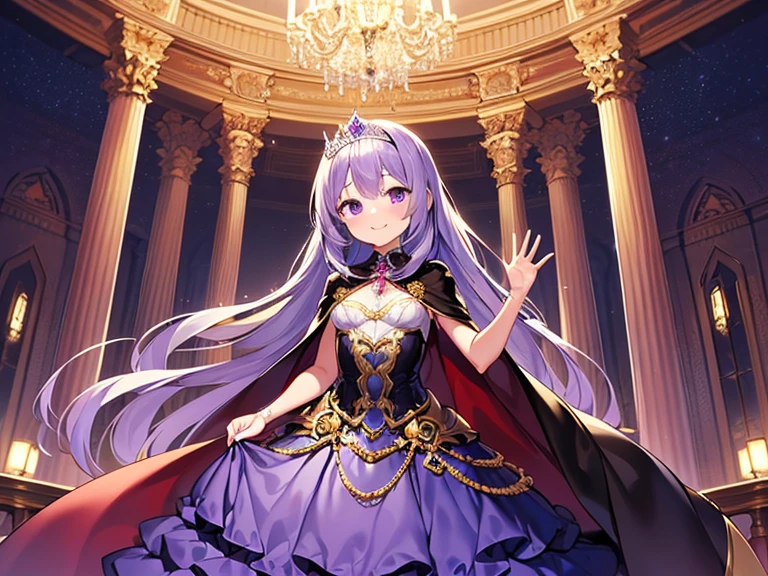 (kawaii),(best quality),(ultra detailed), upper body,(rococo style),(long train dark violet cape:1.15), very long cape,(long train dark violet ball gown with flower decorations), a girl is wearing a cape over her gown, 1 little princess, tiara, smile, small breasts, very long hair