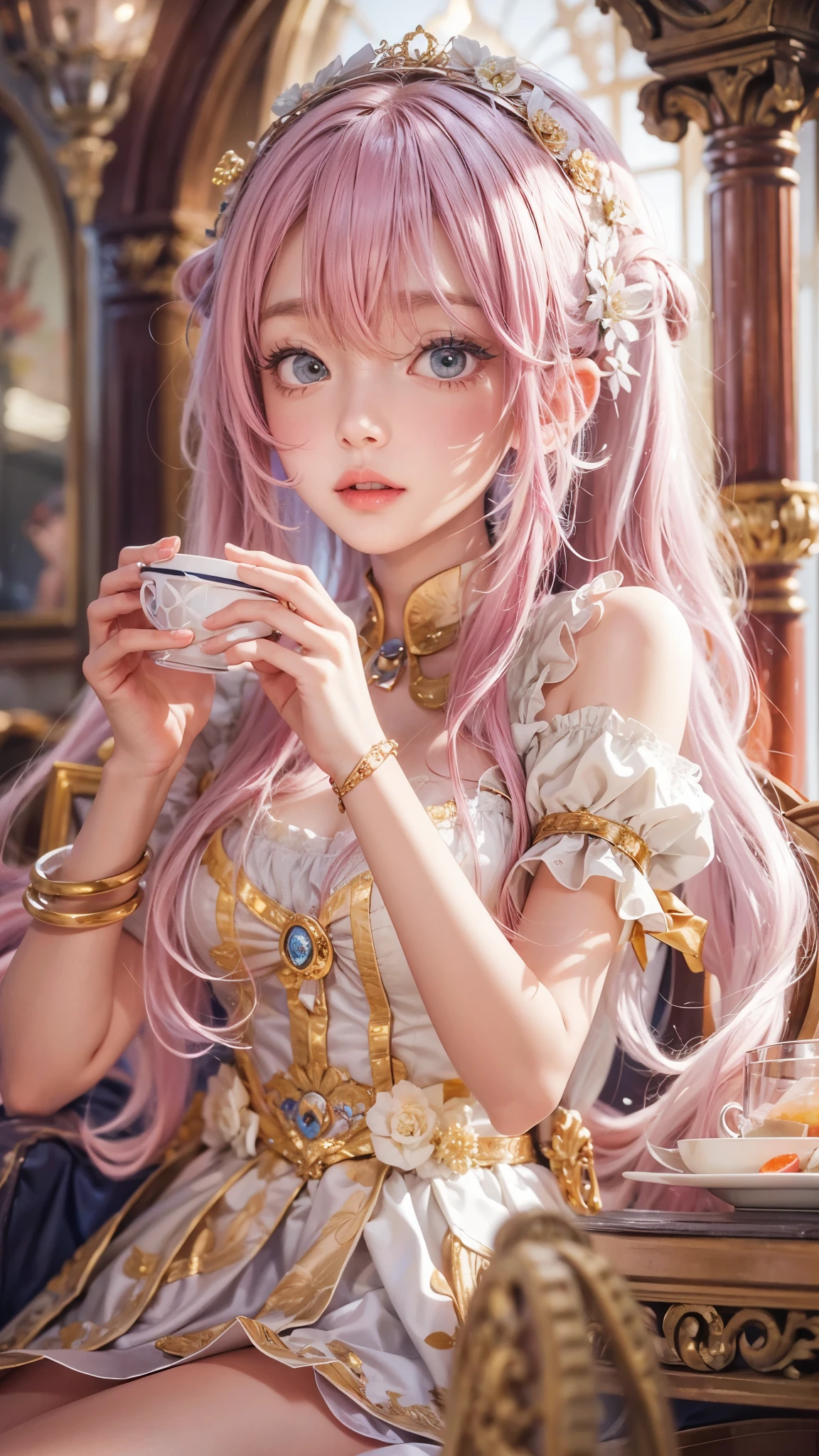 (Masterpiece, Best quality, Masterpiece,Best quality,offcial art, 8K wallpapers), Girl,chiquita，with long hair in takes, Pink hair, Wavy hair, Small breasts,(Dynamic color Lolita costume), Bare legs, Skirt lift,European restaurant，candlestick，wall，tableware， (Skin with the highest level of detail: 1,2), (The highest level of detail in the dial:1.2), Front lighting, natta, warm white light, looks into camera,