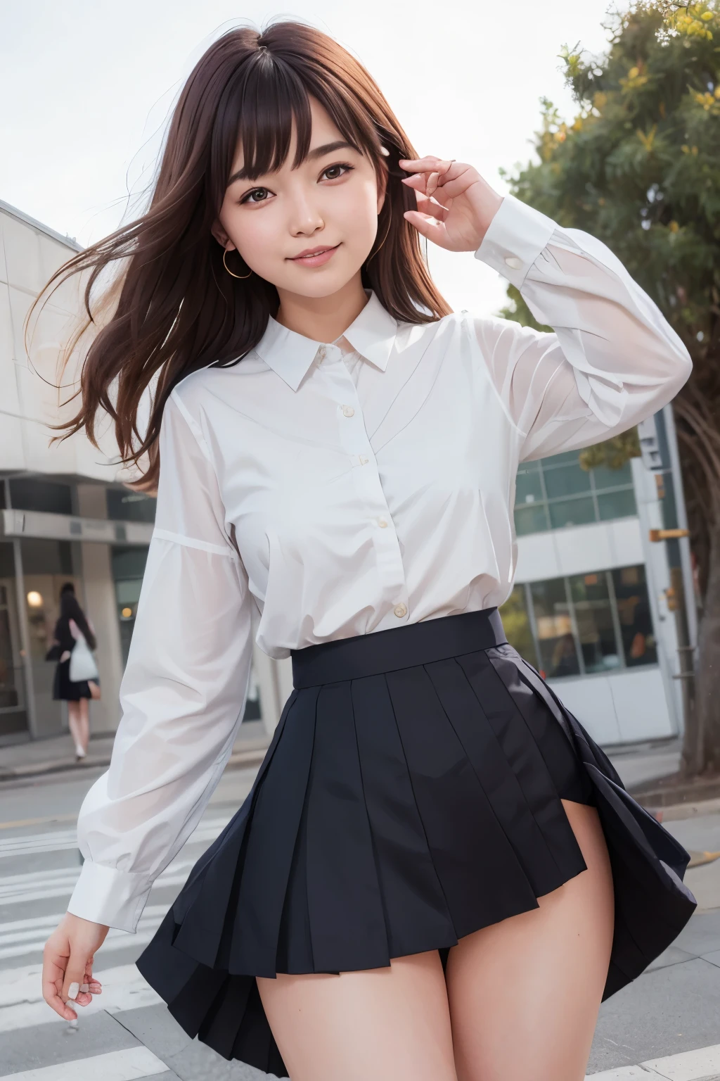 Girl and girl, ((uniform)), blouse, ((lifts skirt:1.3)), (wind flips up skirt and reveals panties:1.2), ((shows panties)), light smile, outdoors,