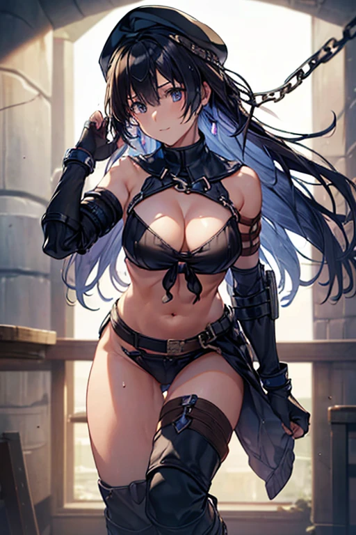 (Thynasha:1.2),dark blue hair,very long hair, purple eyes,(beautiful detailed eyes:1.0), extremely detailed face, perfect lighting, hair between eyes,bangs, (black beret, black jacket, open clothes, cleavage, midriff, black medium skirts, black thighhighs, thigh strap, fingerless gloves, single glove:1.2), Photo,sharpness, F1.6 lens,hyper-realistic textures,spectacular light textures, Cinestil 800 Fashion Mechanics,(((Beautiful woman with left leg restrained by chains))),Appearance,Beautiful girl with accentuated slender abs: 1.1,six-pack abs: 1.1, Bust Botox,Standing on tiptoe, long legs,Long brown hair fluttering in the wind,Brown hair, Long hair, Female Warrior Costume,(No panties,No bra),(tacticul battle fashion,elbow and knee tacticul battle fashion, battle glove: 1.1),((cute batre costume)),The belly comes out and the navel is visible,Thin sheer costume, combat gloves,shredded costumes,cyber long combat boots with golden knee pads,Anatomical,(futuristic sci-fi battle fashion, new elbow and knee cyberpads, new cyberlong boots, new cybergloves: 1.1),(tied perfectly by iron chain:1.3), Restraint, Slave, collars, contempt, (Chained), 4 chains hung from heaven, Metallic shackles and fetters, wet crotch clearly visible,((Hands are restrained above the head)), the neck is chained,Chain from left knee to heaven,Chained by rusty iron chains,((the tip is protruding, areolas protruding,The shape of the pubic harearea is clearly visible:0.9)),Sweating,Wet,Wet crotch,Wet thighs,Junkyard, Realistic, (cute, perfect clothes, skimpy clothes, cute: 1.3) ,Vast miritary base in us,((wide mirtary hospital with summer sunlight)), peeling ceilings, Rebar between, Realistic material details, Extreme details, Ultra-realistic materials,narrow waist,(with sparkling eyes and a contagious smile:0.9),looking at viewer,